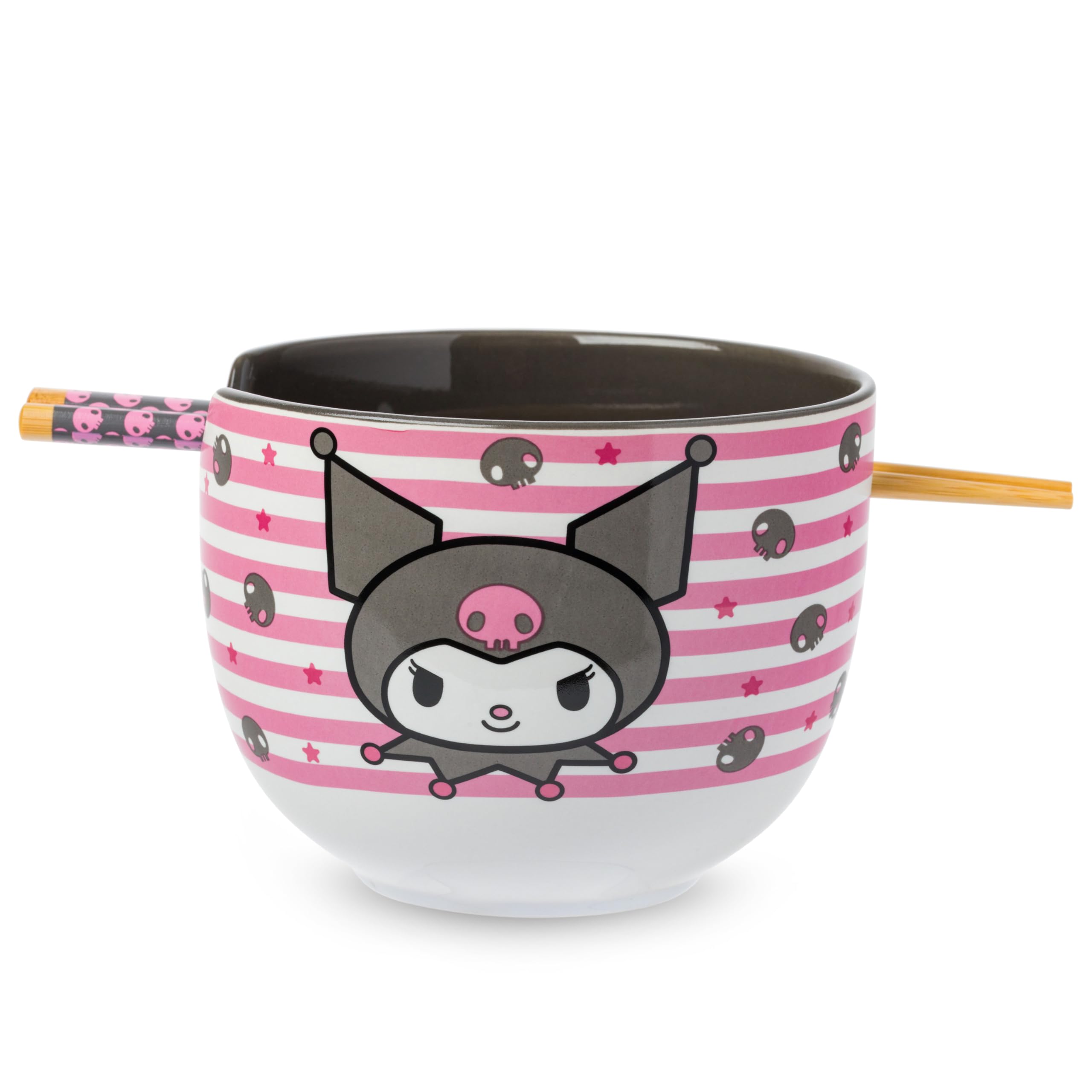 Hello Kitty and Friends Kuromi Skulls and Stars Ceramic Ramen Noodle Rice Bowl with Chopsticks, Microwave Safe, 20 Ounces