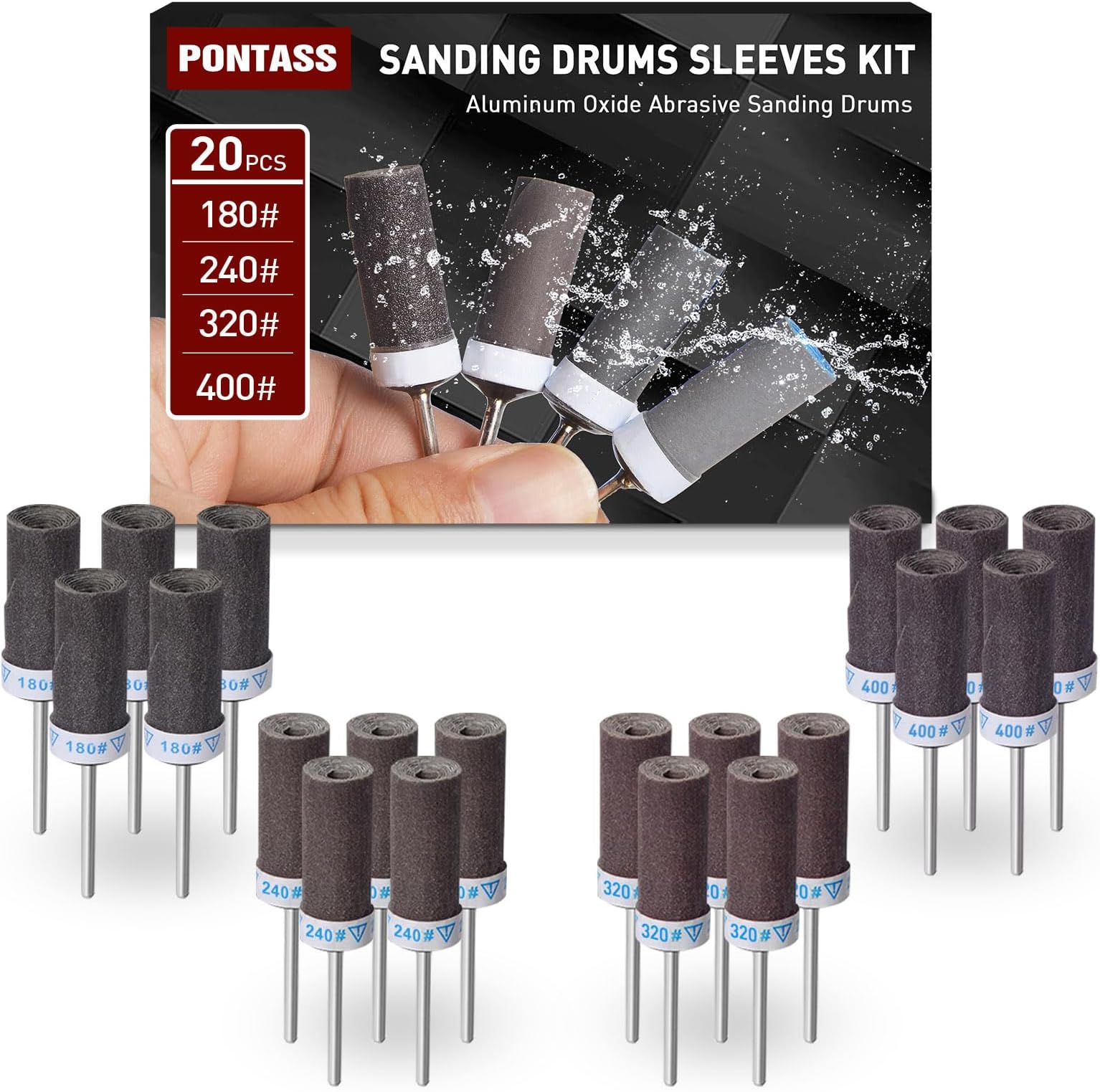 180 240 320 400 Grit Sanding Bits for Dremel Tool with 1/8" Shank 20Pcs Sanding Drums Rotary Tools Accessories, Sanding Stick Sand Paper Tips for Metal Rust Removal/Jade Polishing/Stone Grinding