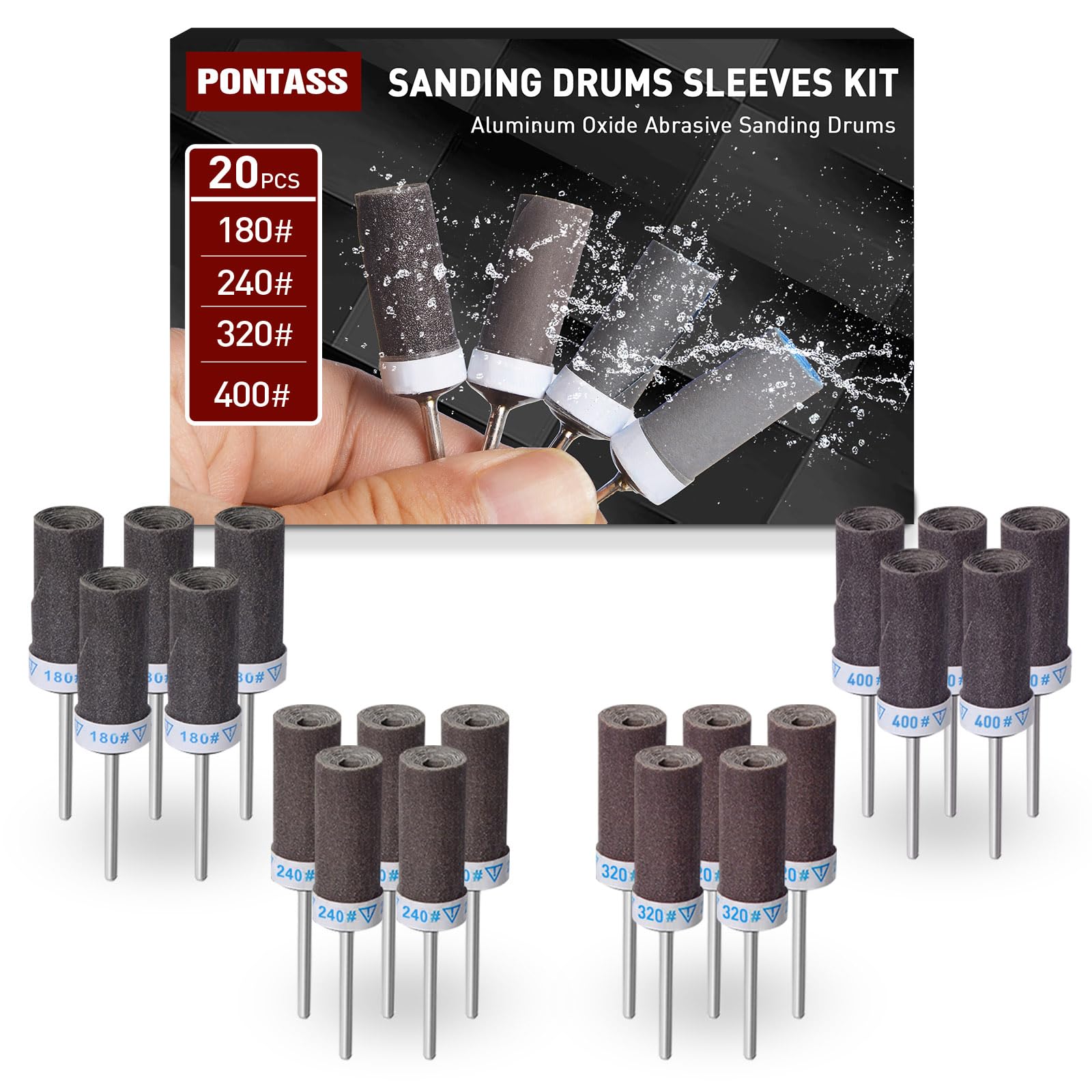 180 240 320 400 Grit Sanding Bits for Dremel Tool with 1/8" Shank 20Pcs Sanding Drums Rotary Tools Accessories, Sanding Stick Sand Paper Tips for