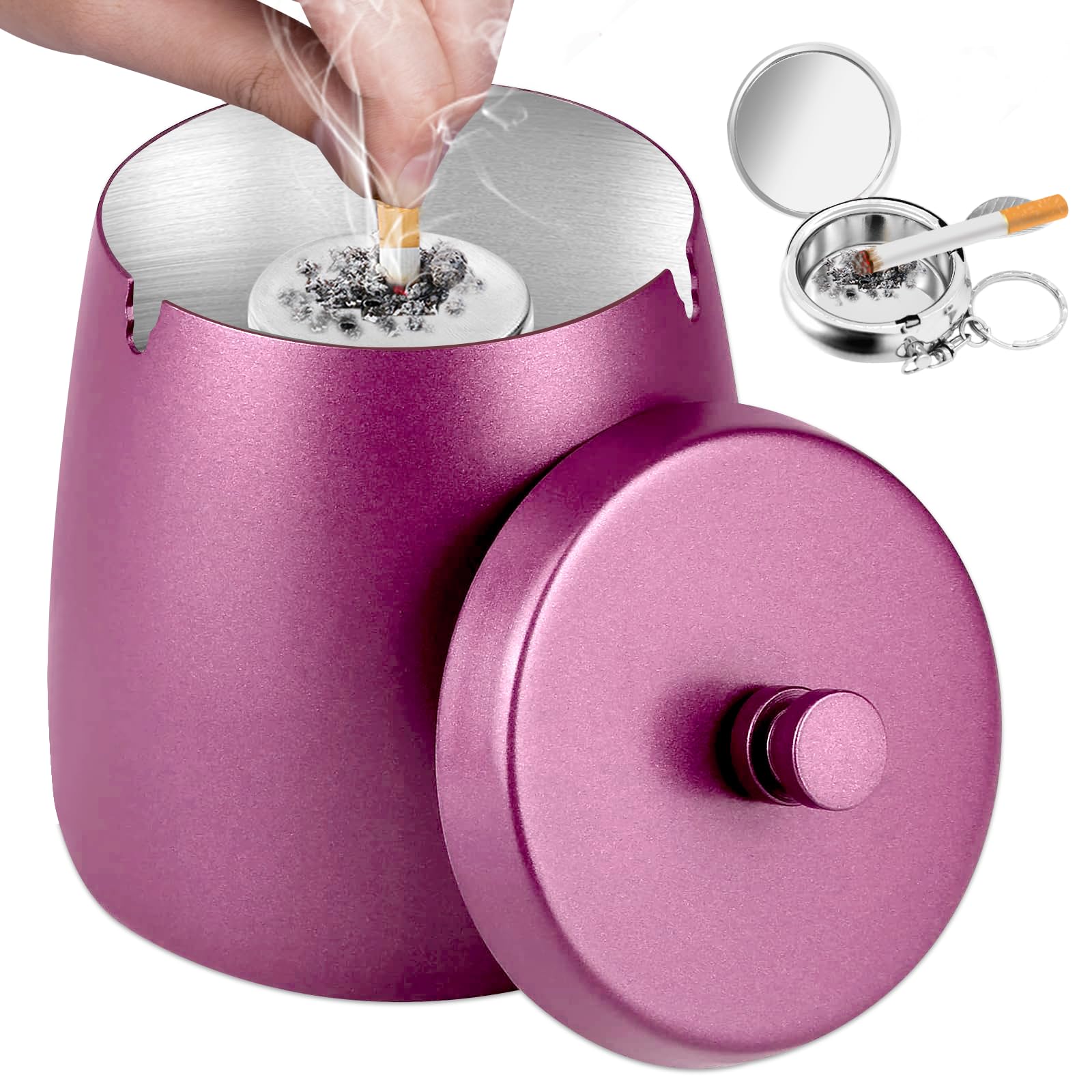 Ashtray With Lid - Smokeless Home Ash Tray for Cigarettes, Portable Small Indoor Outdoor Windproof Metal Ashtray With Cover, Smell Proof for Patio (Rose, L)