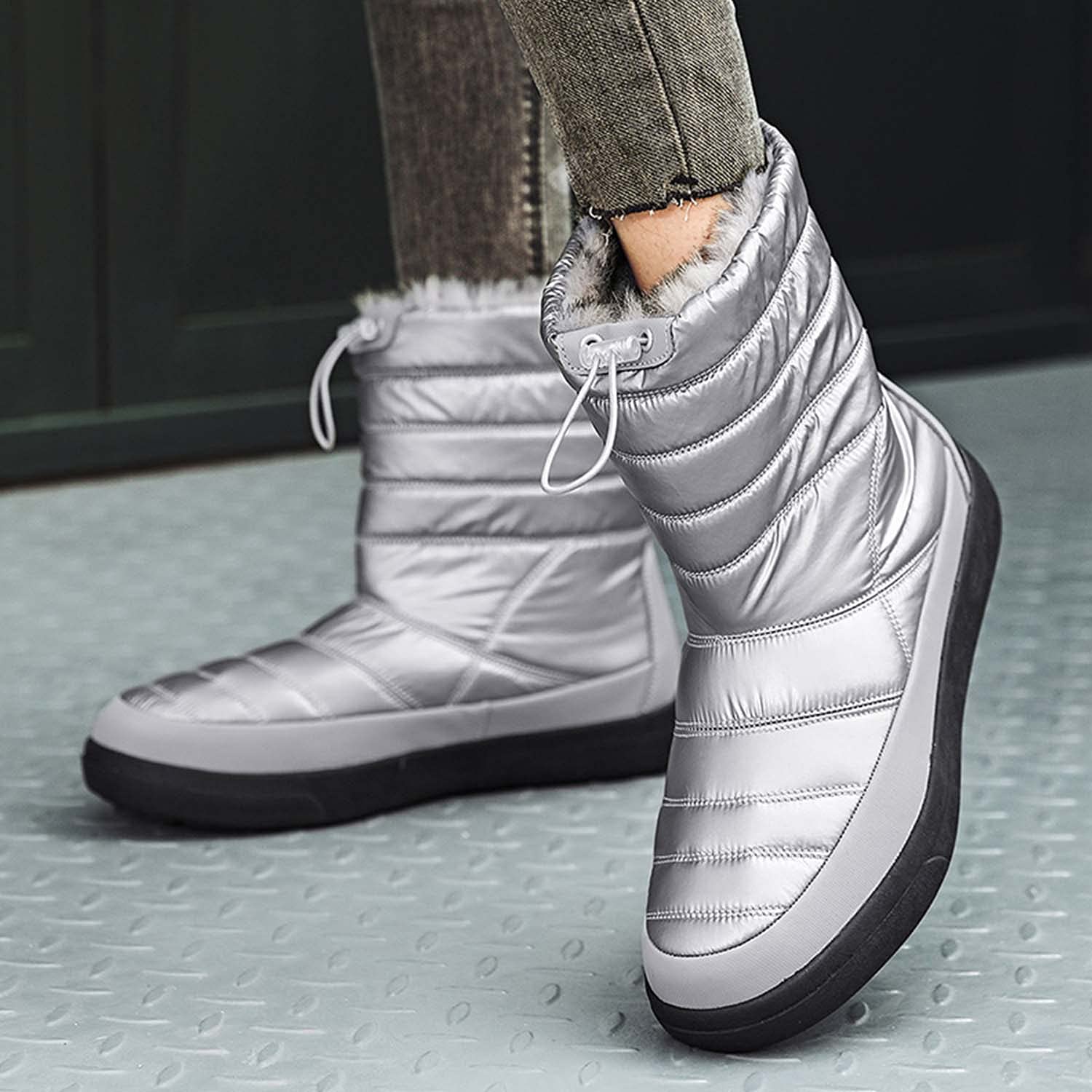 Botas de nieve para mujer invierno cálido forro de piel al aire libre sin cordones en botines impermeables zapatillas de deporte, gris, 39 EU