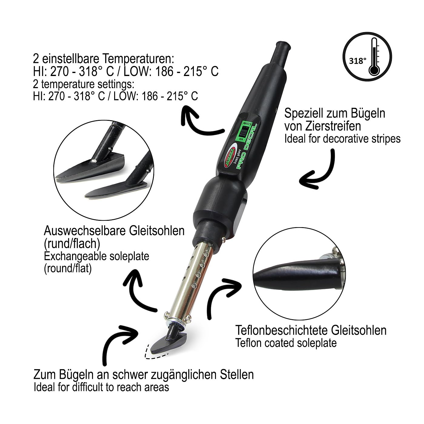 Folienbügeleisen Pro Decal - Teflonbeschichtete Gleitsohlen (rund/flach), Bügeln an schwer zugänglichen Stellen z.B. Zierstreifen, 2 einstellbare Temperaturen,Höchsttemperatur 318° C