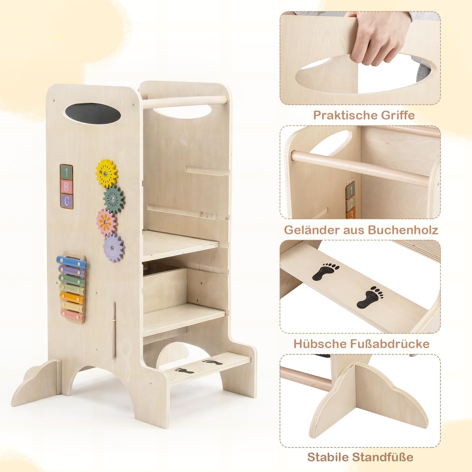 COSTWAY 4 in 1 Lernturm mit Spieltablett, Tritthocker Montessori mit 3 verstellbaren Höhen & Abnehmbarer Tafel, Trittleiter aus Buchenholz, Trittschemel für Kinder ab 3 Jahren