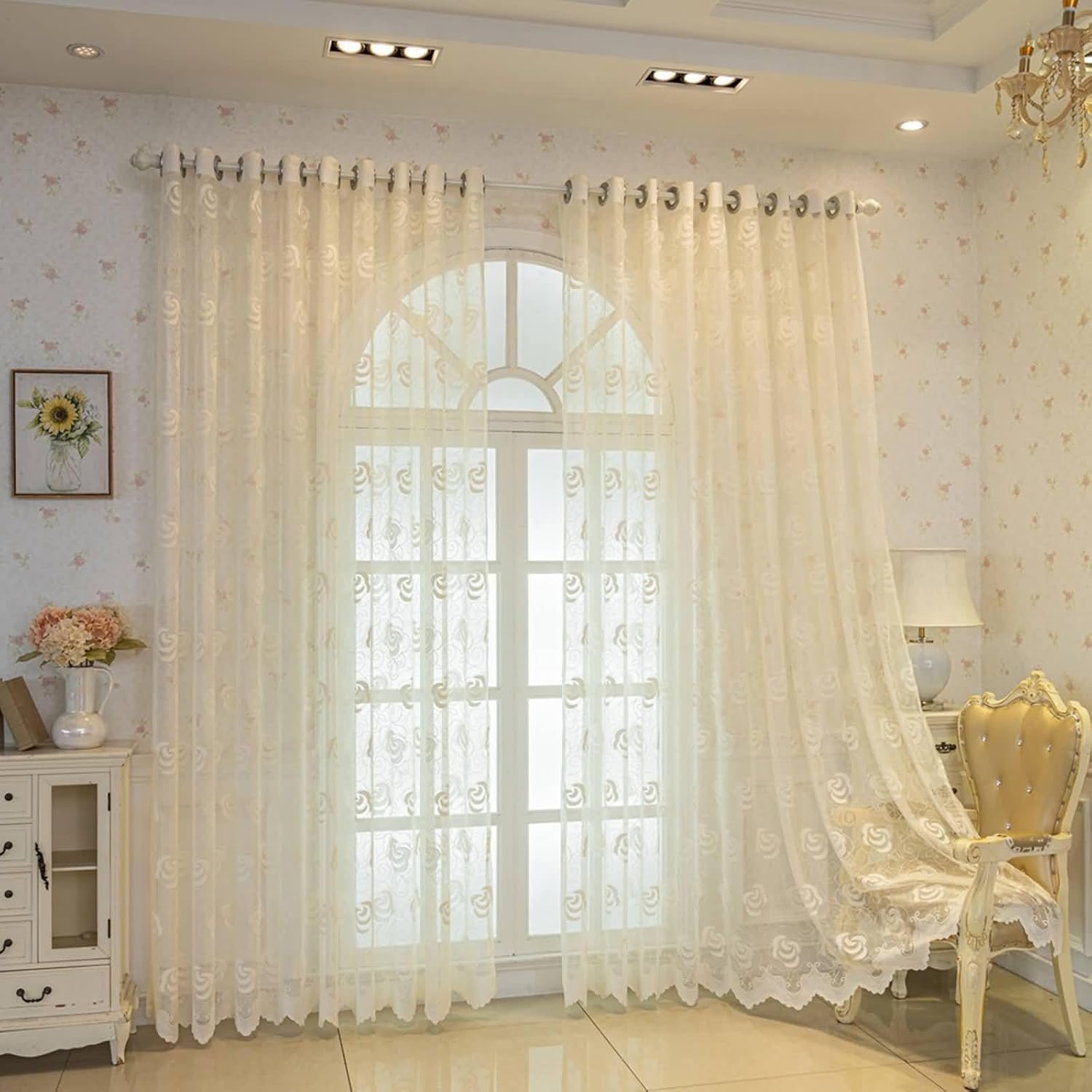 Daesar Transparent Curtains 2 Panels Set 84 Inch Length, Eyelet Tulle Curtains Jacquard Flowers Pattern with Floral Border Voile Curtains for Living Room Window Treatment, 34x84 Inch Beige