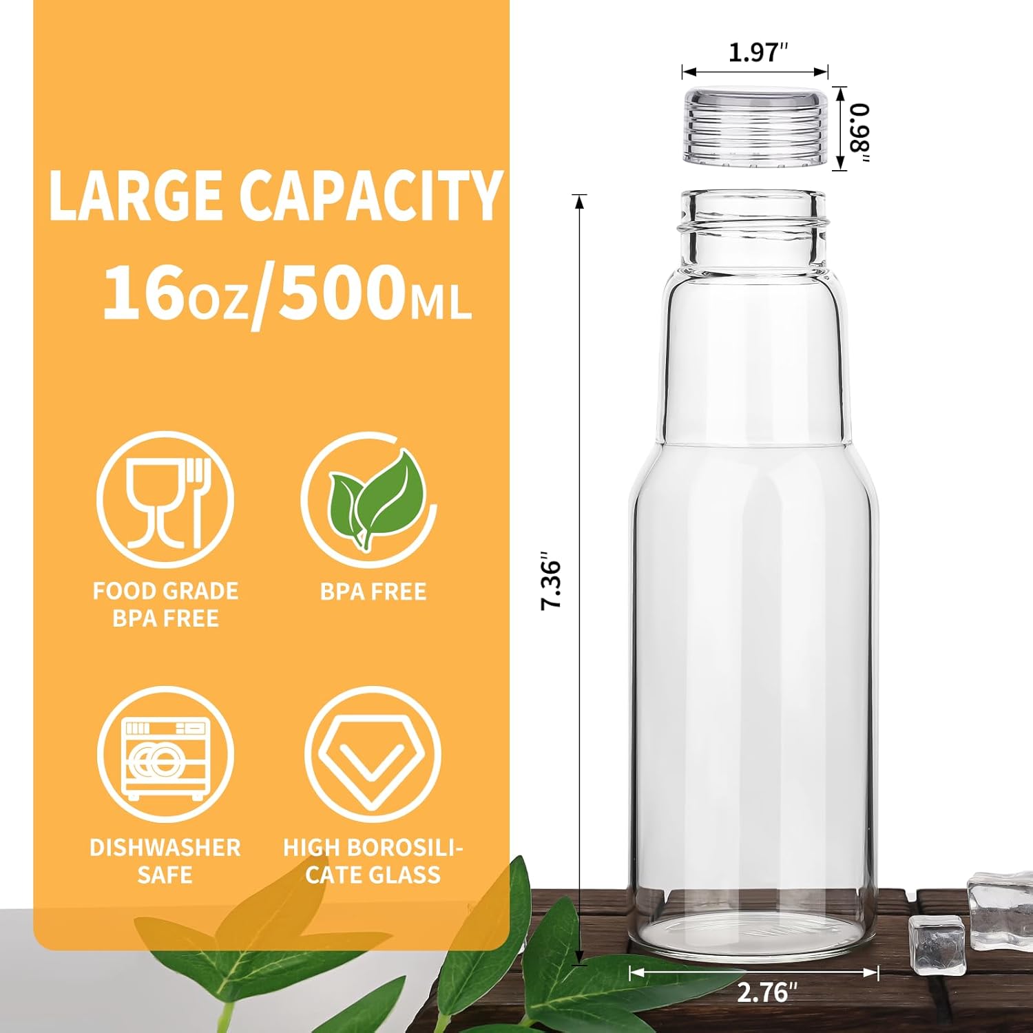 16 Oz Glass Juice Bottles with Lids, Reusable Glass Juice Water Bottle Drinking Glasses Set for Juicing, Smoothies, Infused Water - Image 6