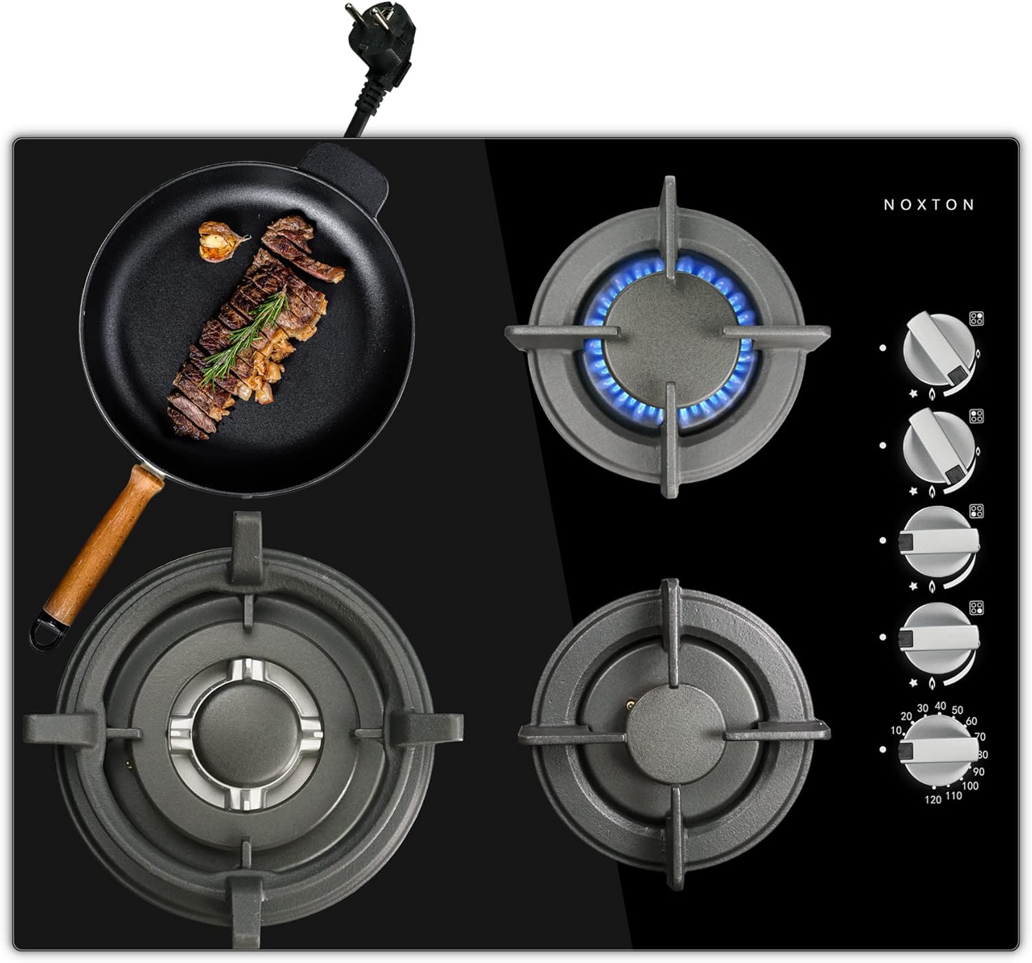 NOXTON Plaque Gaz 4 Feux Encastrable avec Minuterie, Table de Cuisson Gaz en Verre Trempé Noir