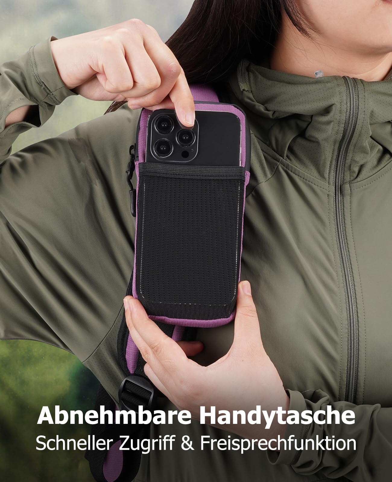 Plecak trekkingowy dla mężczyzn i kobiet, 25 l, mały plecak, lekki plecak podróżny z uchwytem na telefon, plecak trekkingowy z paskami odblaskowymi, na kemping, wędrówki, fioletowy, duży