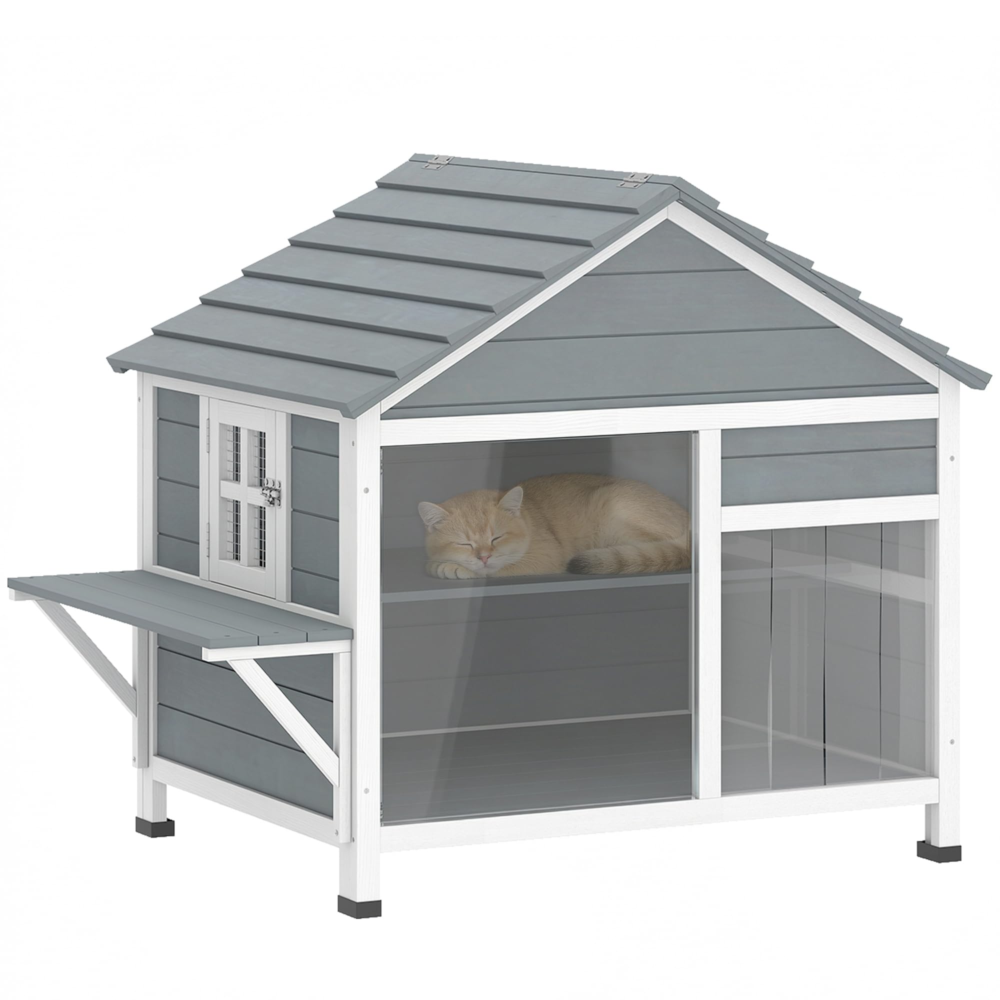 PawHut Maison pour Chat en Bois Résistant aux Intempéries avec Toit Ouvrant - Niche Extérieur avec Fenêtre, Porte à Lamelles et Plateforme - Grande Villa Chat à Double Étage, 101x72,​5x81cm, Gris