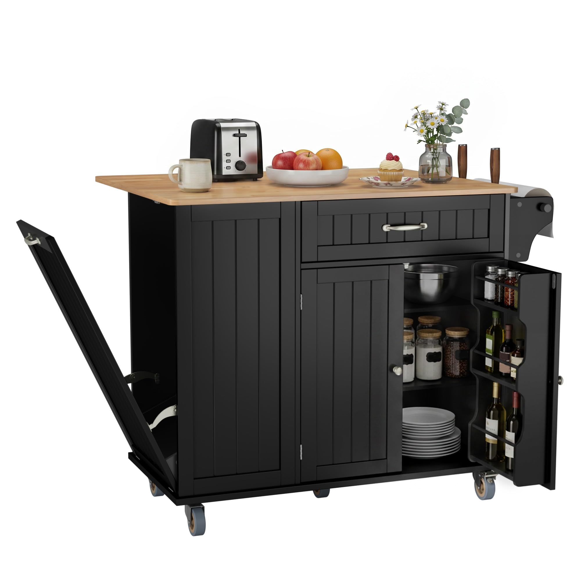 Xbro Îlot de Cuisine avec Emplacement pour Poubelle, Îlot de Cuisine sur roulettes, Meuble de Cuisine avec Plan de Travail Rabattable, Porte-Couteaux, Porte-Serviettes, 113 x 51 x 90 cm, Noir