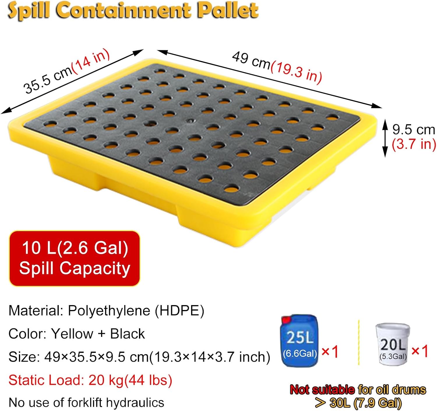Oil Tank Spill Containment Tray, Industrial 1 Drum Spill Containment Modular Platform for Laboratories Supermarket Basement Storage, Low Profile Plastic Pallet with Drain(49x35.5x9.5 cm(19.3x14x3.7 in