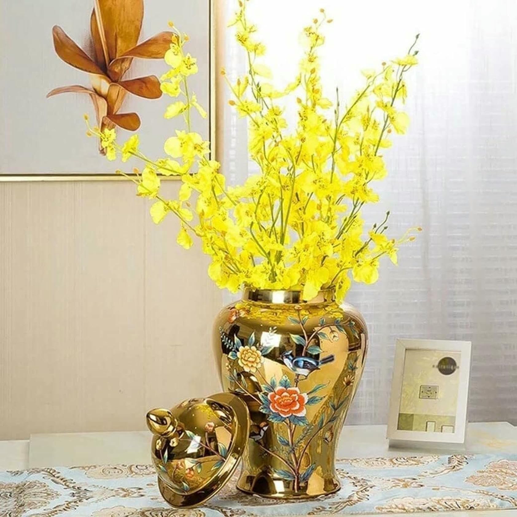 Duży słoik na imbir, złote ceramiczne wazony, słoiki na imbir z pokrywką do wystroju domu, tradycyjne wazony na suszone kwiaty, chiński dekoracyjny słoik porcelanowy,