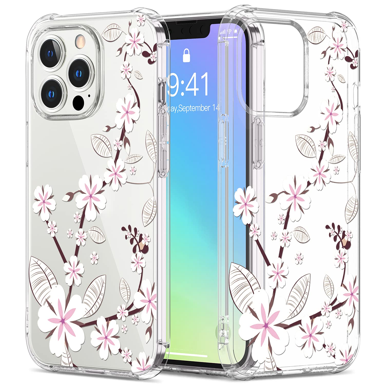 GREATRULYFloral Clear Case for iPhone 13 Pro Max 6.7 Inch for Women/Girls,Pretty Flower Design Silicone Phone Cover,Slim Soft Transparent Drop Proof TPU Protective Bumper Shell,FL-T