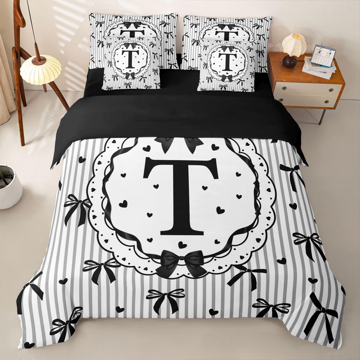 Loussiesd Juego de funda de edredón con sábanas de 7 piezas, tamaño Super King, con letra T inicial en una bolsa, juego de ropa de cama para niños y niñas, decoración de dormitorio, transpirable