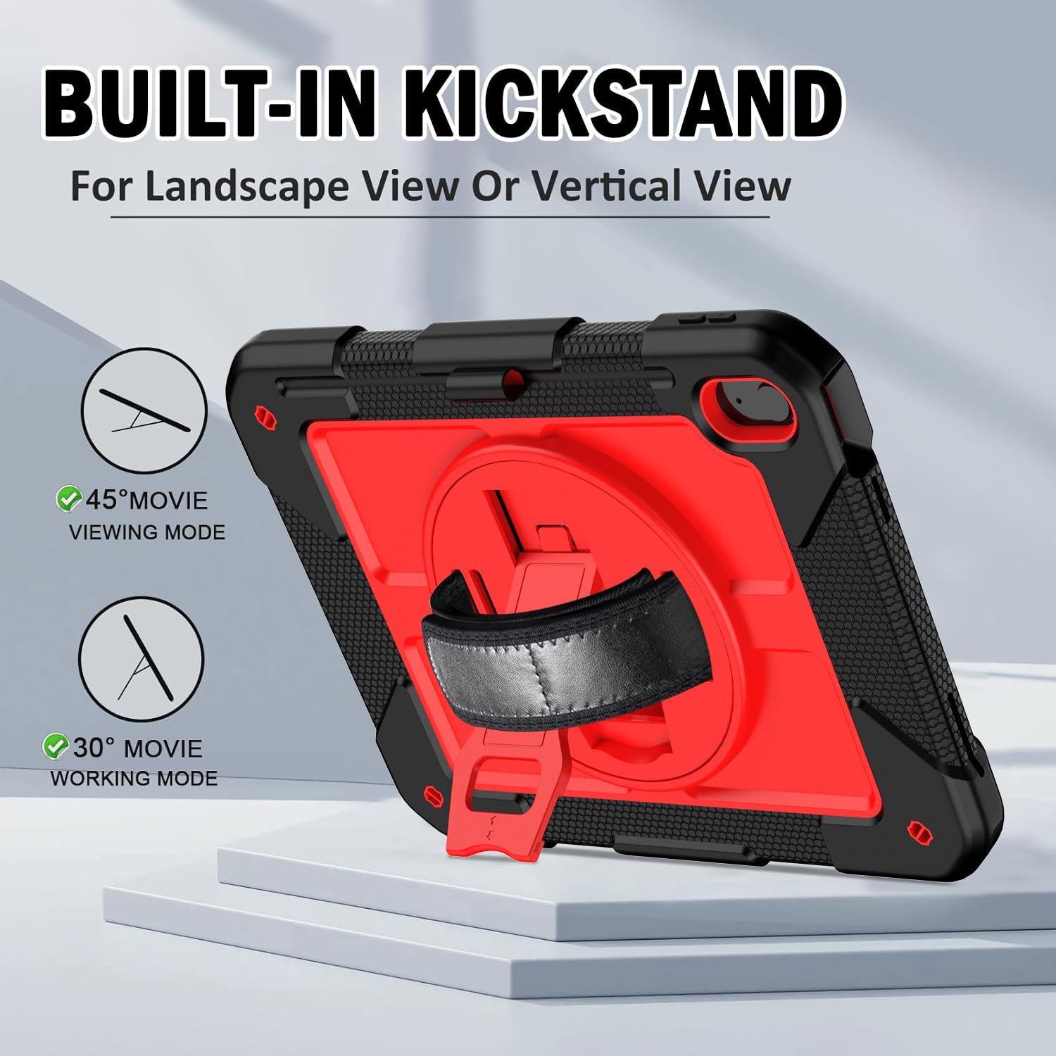 BMOUO Case for iPad (A16) 11th Generation 11" 2025/iPad 10th Generation 10.9 inch 2022, 360 Rotating Stand & Pencil Holder & Hand Shoulder Strap Shockproof iPad 11th/10th Generation Case, Red+Black