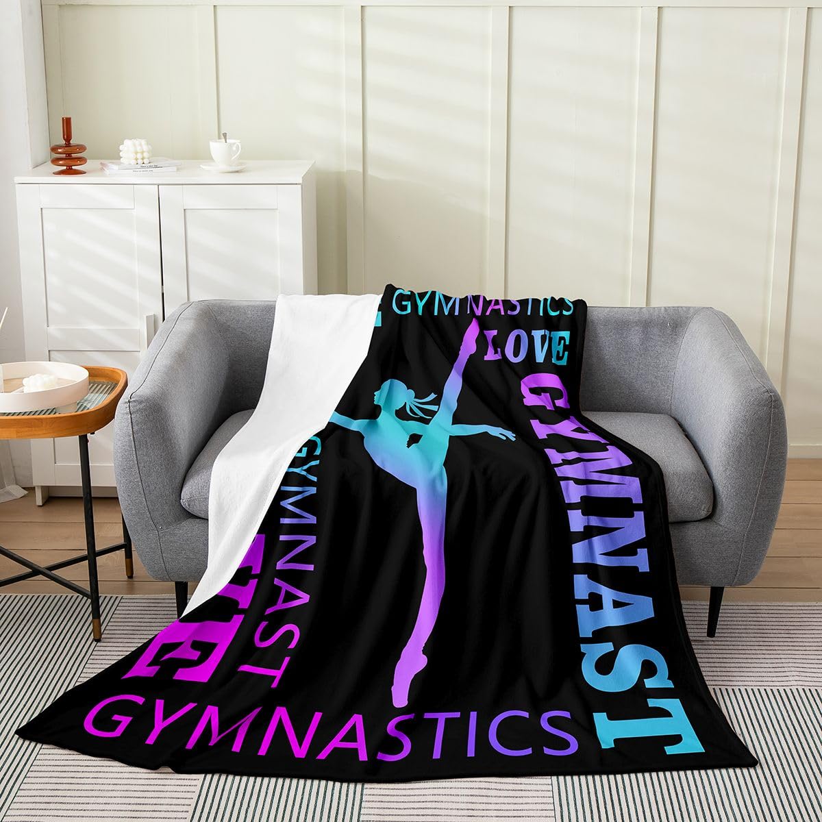 Feelyou Love Gymnastics Flannel Fleece Throw Blanket Kids,Floor Exercises Neon Blue Purple Fuzzy Blanket for Bed Sofa Couch,Athletics Bed Blanket