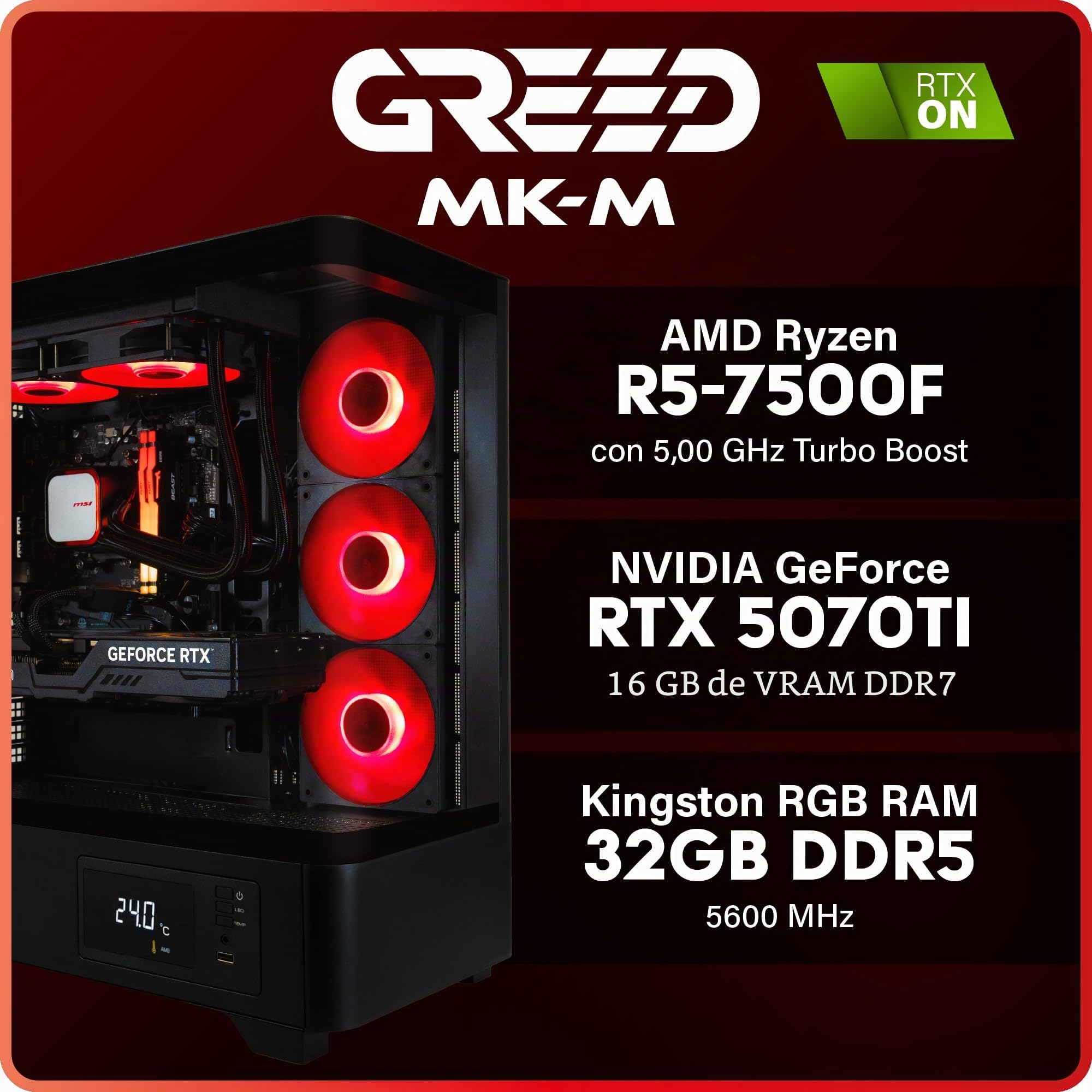 Greed® MKM - PC Gaming - AMD Ryzen 5 7500F + Nvidia Geforce RTX 5070Ti 16GB – Ordenador de sobremesa con 4K & Raytracing - 5,0 GHz - 32GB RAM DDR5 - SSD 1TB + Wi-Fi & Windows 11 Pro