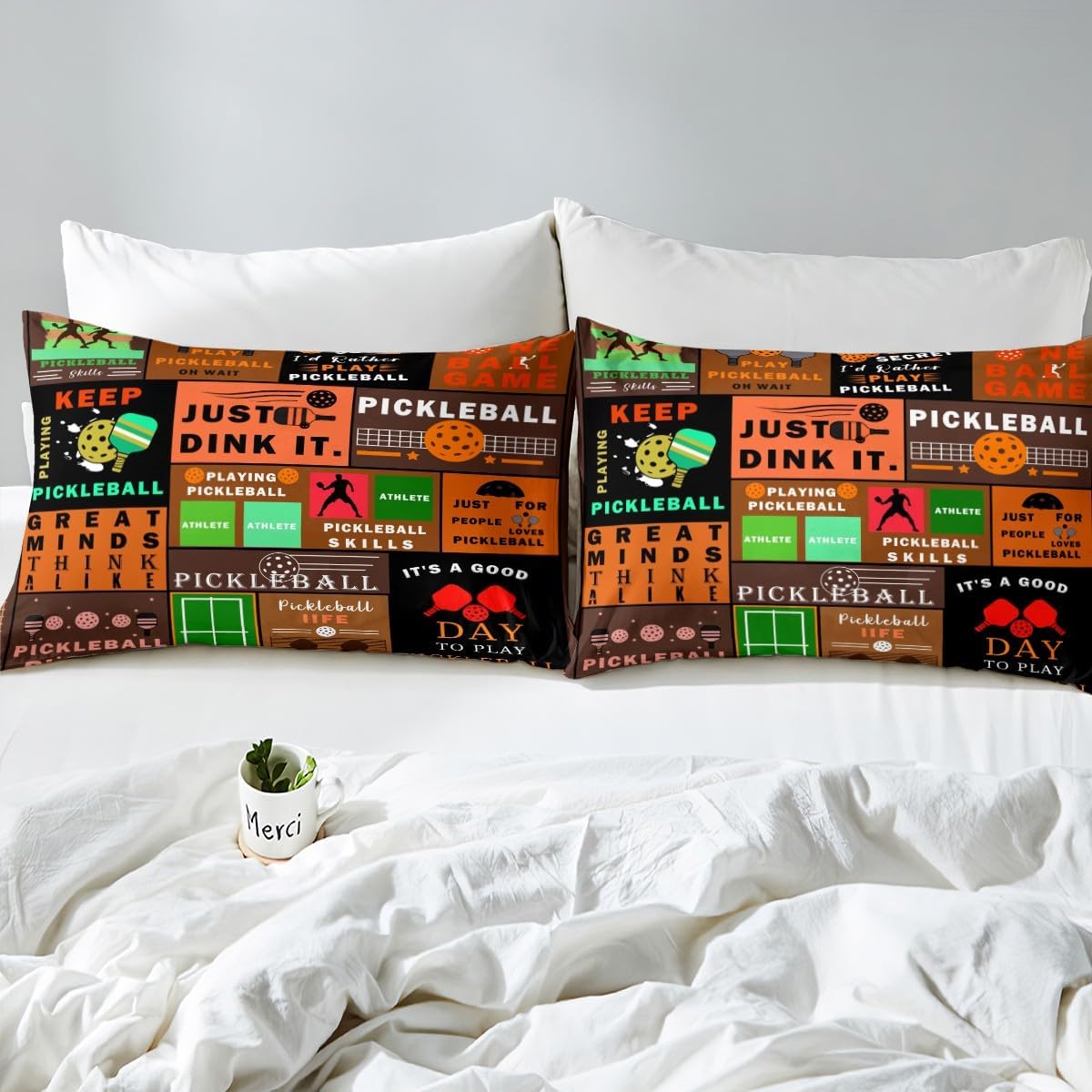 Erosebridal Orange Pickleball Bed Sheets Queen Size,Rustic Patchwork Fitted Sheet for Kids Adults,Extreme Sports Ball Game Bedding Set for Boys Girls Teens,Pickleball Life Bed Set with Deep Pocket