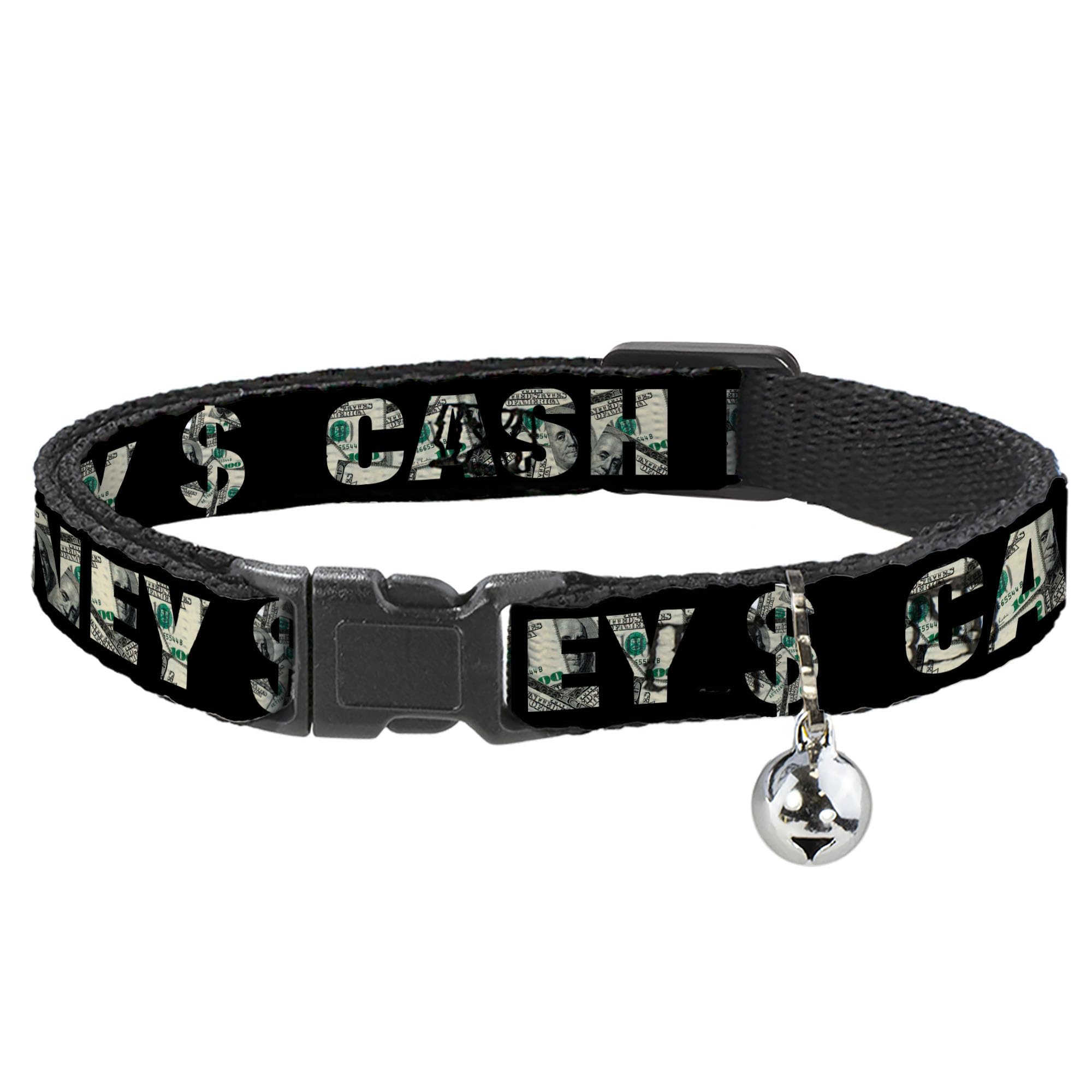 Collar de gato breakaway Buckle-Down negro con estampado de billetes de dólar