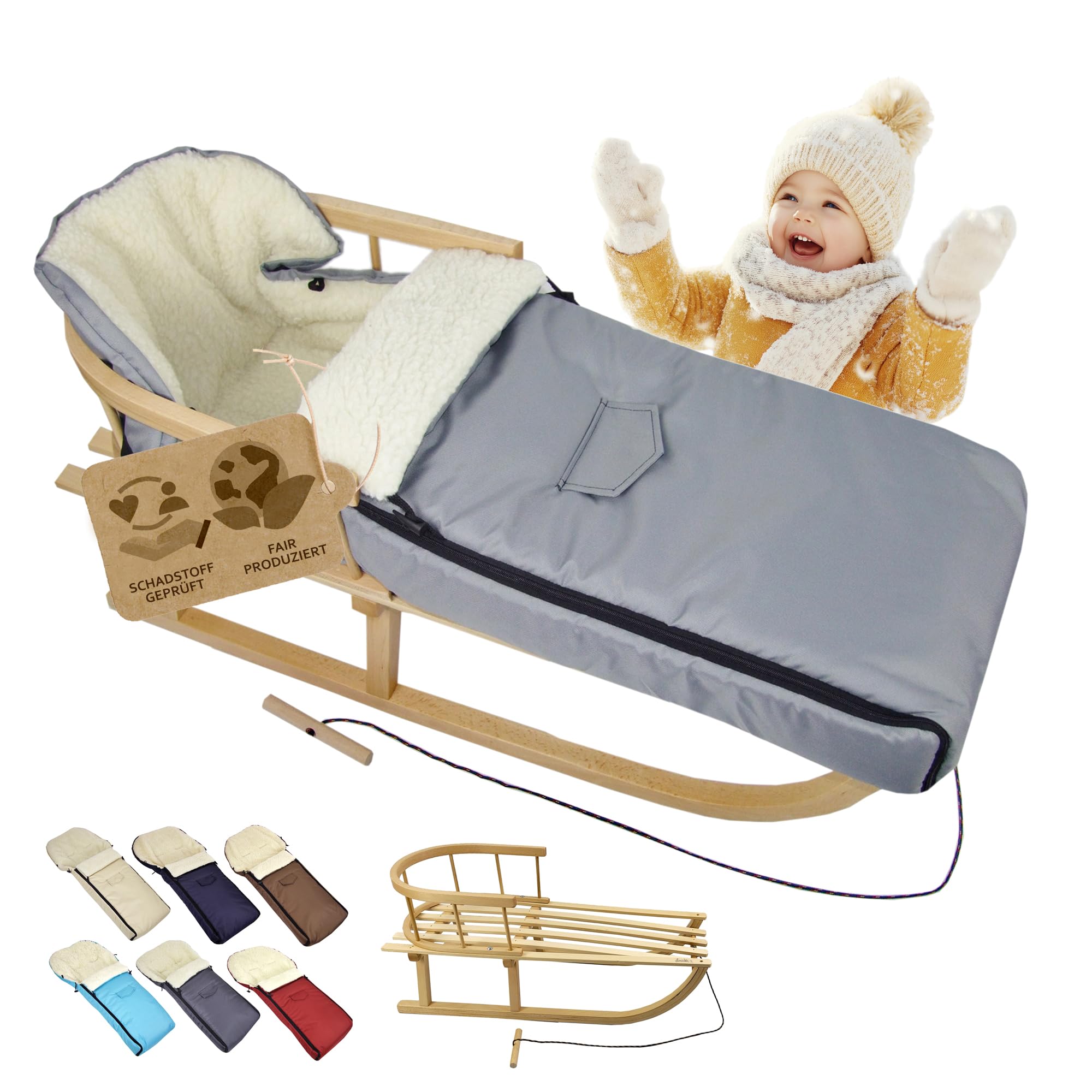 Oferta kombi [drewniane sanki + uniwersalny śpiwór zimowy 108 cm] sanki z oparciem i linką do ciągnięcia, śpiworek na nogi, odpowiedni do fotelika dziecięcego, wózka spacerowego z wełną jagnięcą