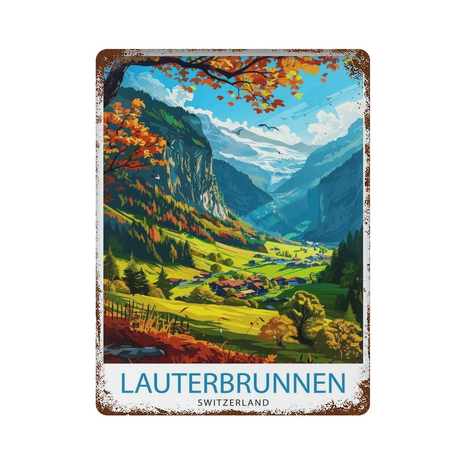 xiaoxiaoshen Lauterbrunnen Switzerland Alpine Valley Swiss Waterfall Mountain Village Alps Wall Decor Art Metal Tin Poster Modern Home Decor Art Home Bar Shop Decorations Vintage Sign 40x30cm