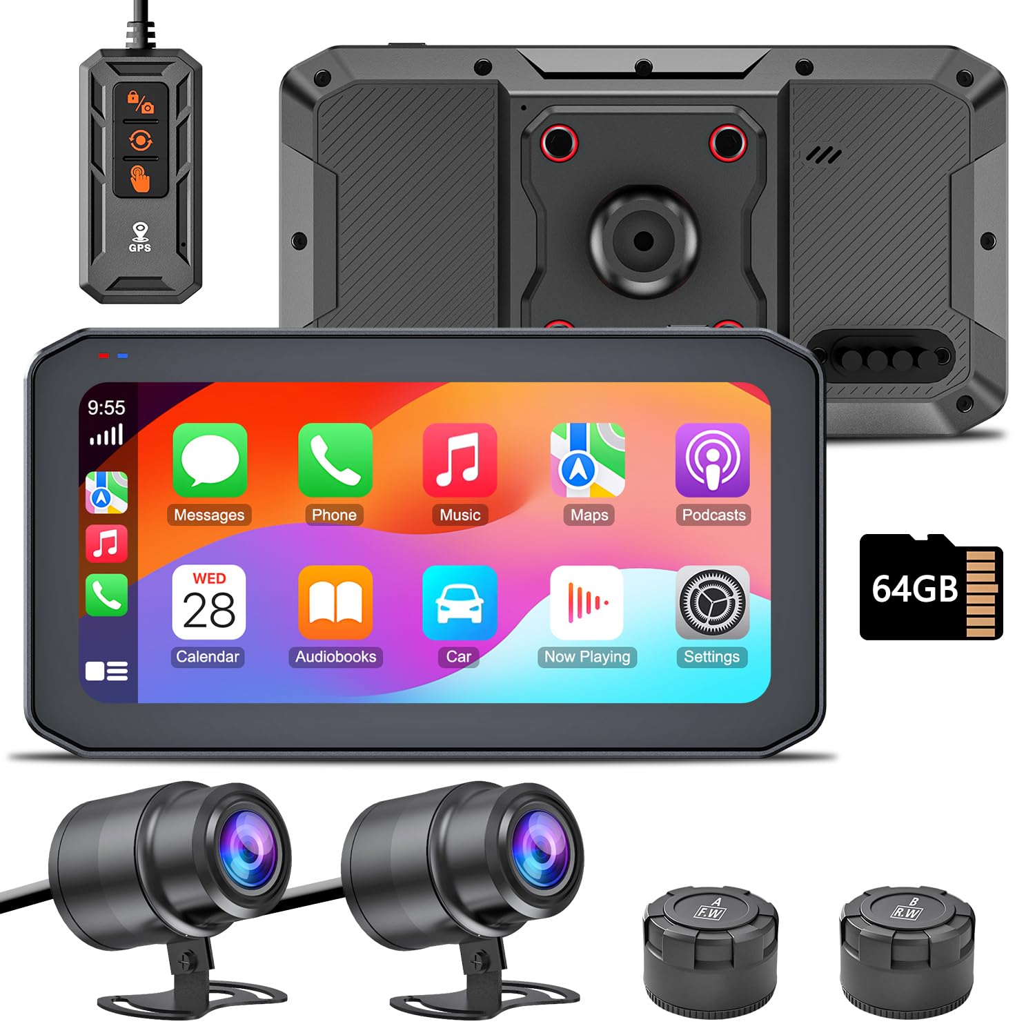 CarPlay Moto Android Auto con Telecamera, 2K Dash Cam Moto Anteriore e Posteriore, Schermo Tattile da 6,25" con GPS, TPMS, Navigatore, Telecomando, Scheda TF da 64 GB