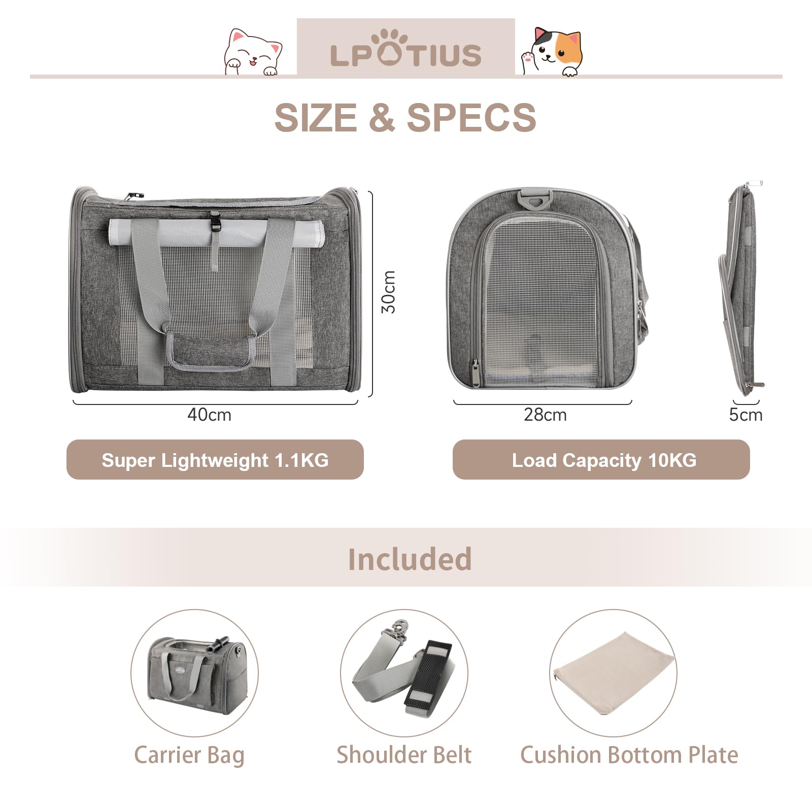 Sac de Transport pour Chat, Sac de Transport pour Chien, Respirant et Pliable, Caisse de Transport pour Chat avec Bandoulière Réglable (Gris)