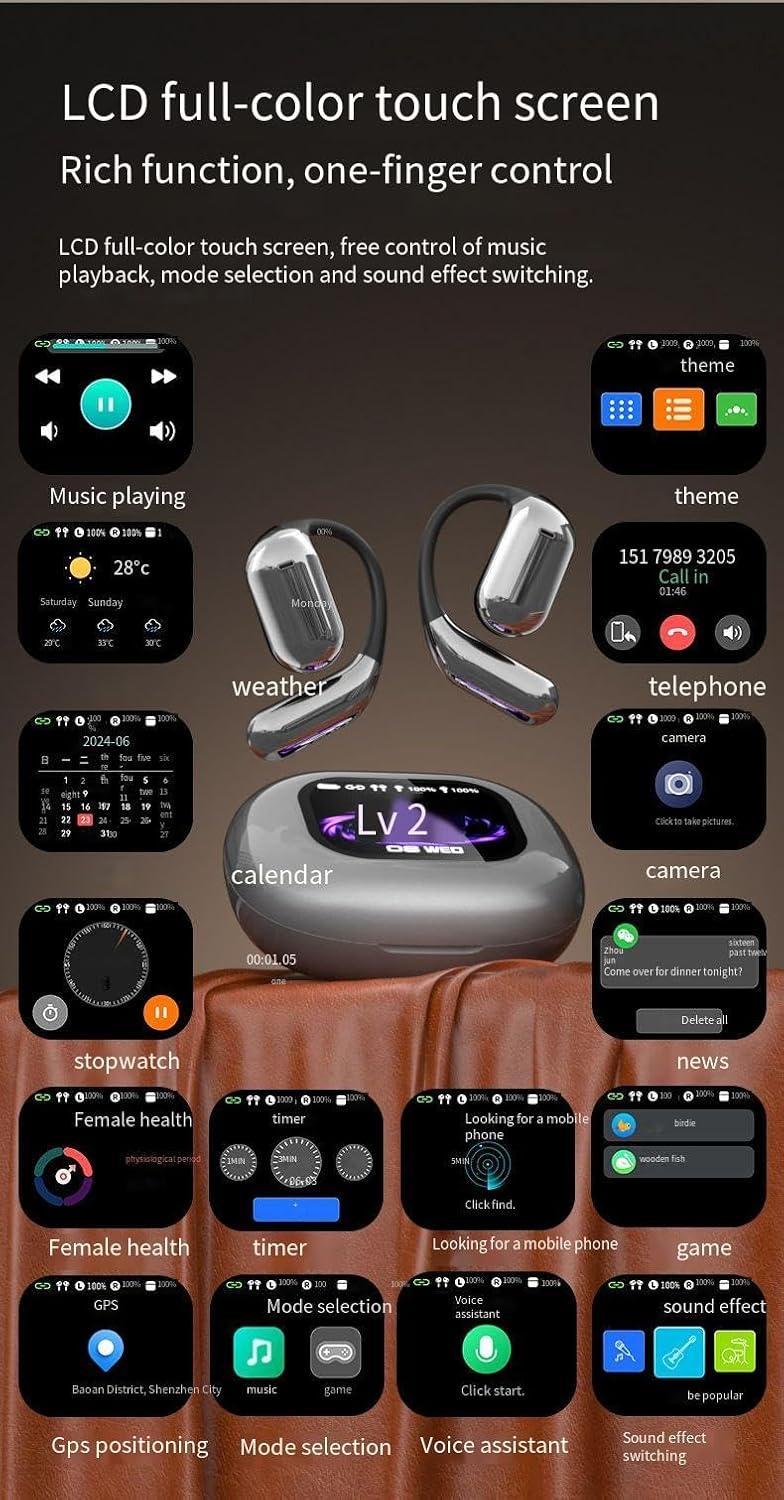 Open-Ear Wireless Earbuds Bluetooth 5.4 Headphones with Intelligent Touch Screen & Earhook, 40Hrs Playback Sport Ear Buds Earphones,Ultra-Comfort Design,Compatible with iPhone & Android,Blue