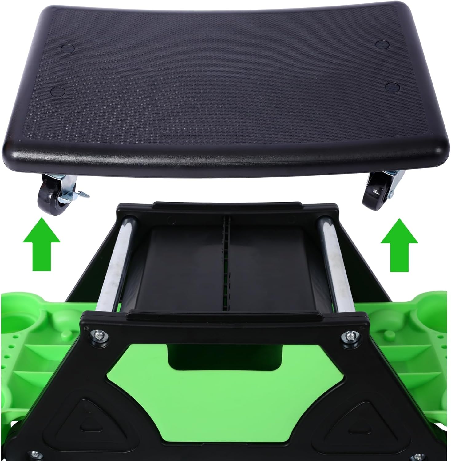 300 Lbs Capacity Rolling Detailing Creeper Seat, Roller Mechanic Utility Stool with Wheels, Detachable Cushion for Kneeling Pad, 34.2W x13.4D x13 H for Garage & Home Use