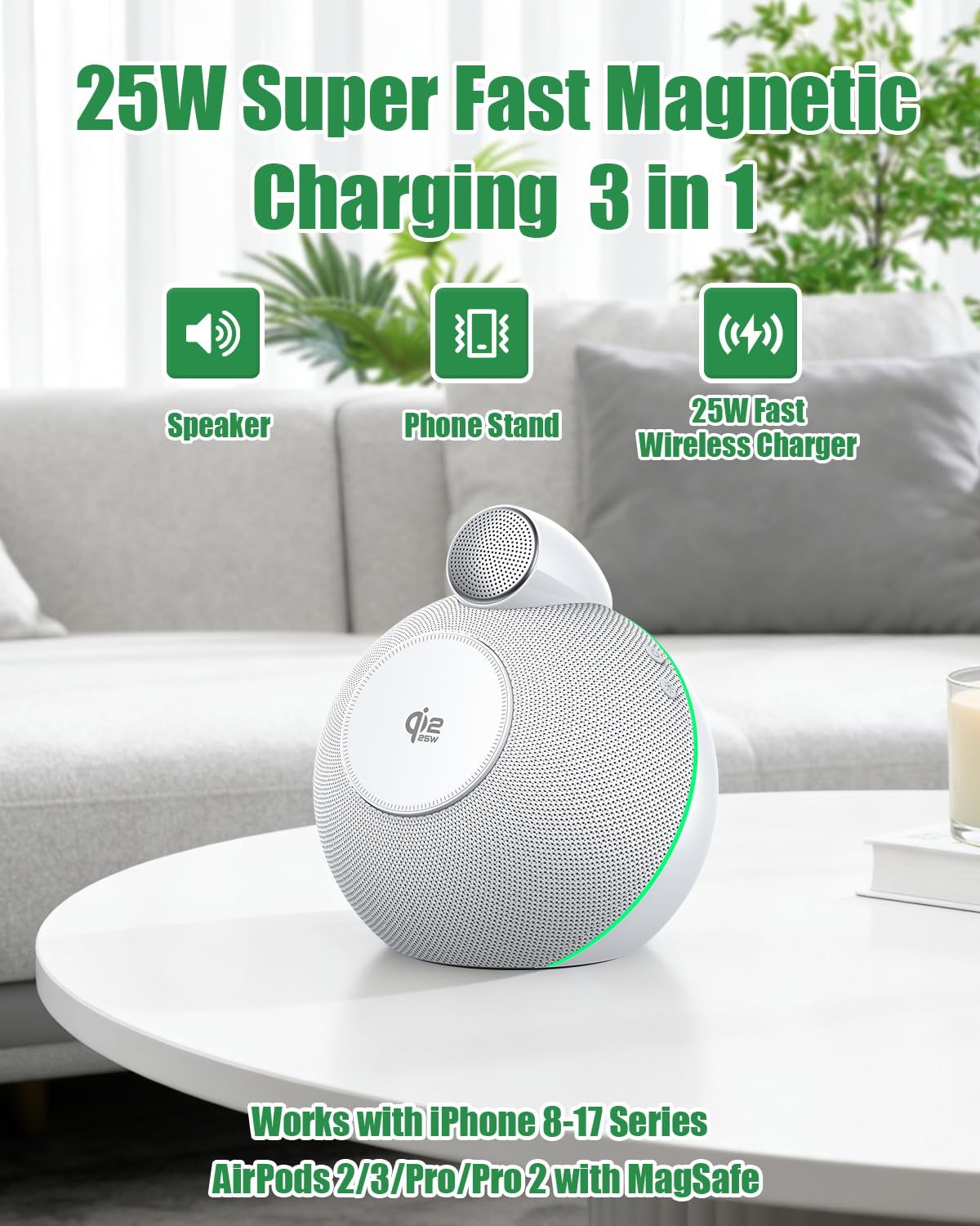 Caricabatterie e supporto 4 in 1, certificato Qi2, 25 W, magnetico, wireless, con altoparlanti Bluetooth Hi-Fi e luci ambientali morbide, compatibile con iPhone 17/16/15, Apple Watch (bianco)