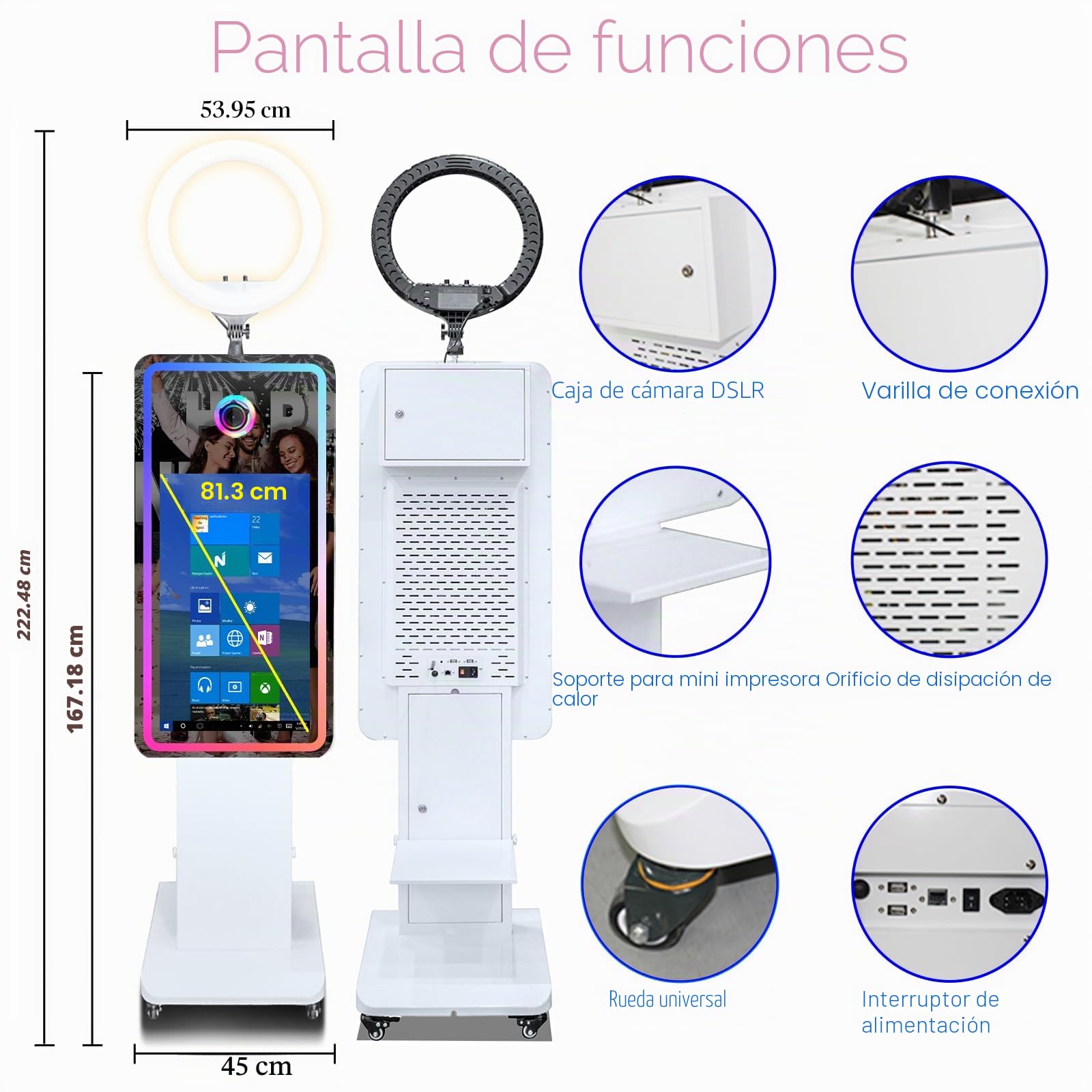 Máquina de cabina de fotos con espejo con visualización táctil interactiva de 32 pulgadas y funda de vuelo, mini computadora incorporada, espejo mágico de impresión instantánea para cumpleaños