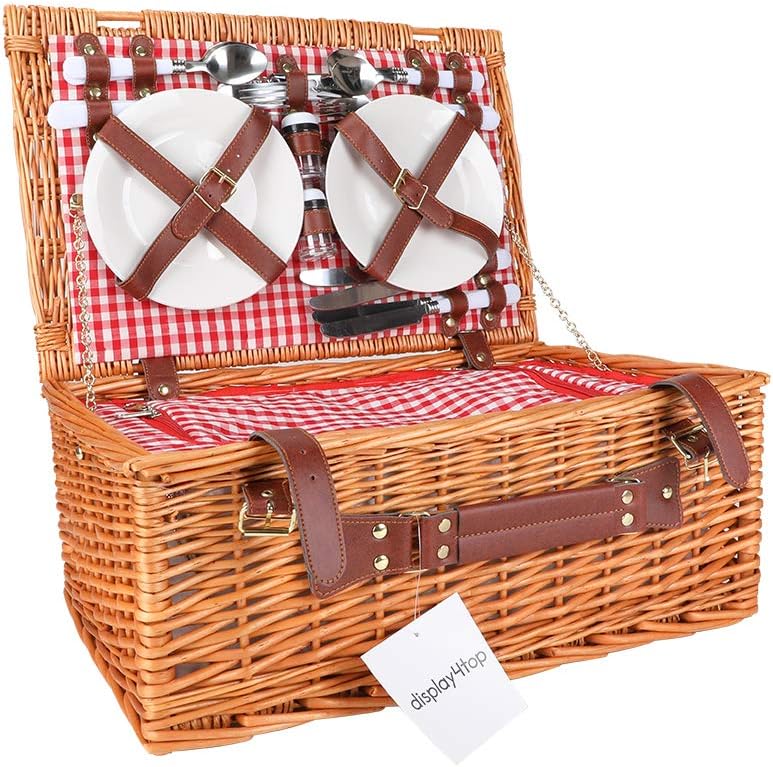 Display4top Deluxe 4 Person Traditional Wicker Picnic Basket Wicker Hamper - Premium Set with Plates, Wine Glasses, Cutlery and Napkins (Pink)
