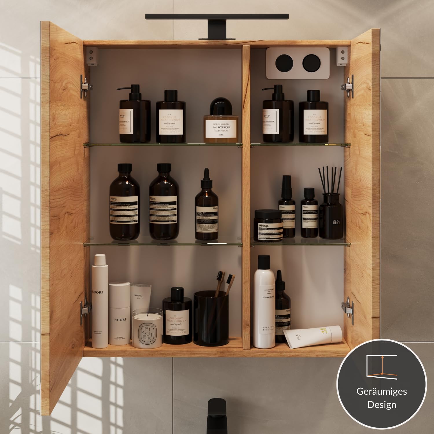 Planetmöbel Armoire de Toilette avec éclairage LED 60cm chêne doré