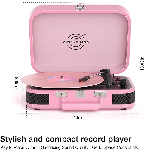 Miniatura 7 de Tocadiscos de vinilo Bluetooth con altavoces integrados, tocadiscos portátil para discos de vinilo, tocadiscos rosa vintage de 3 velocidades con