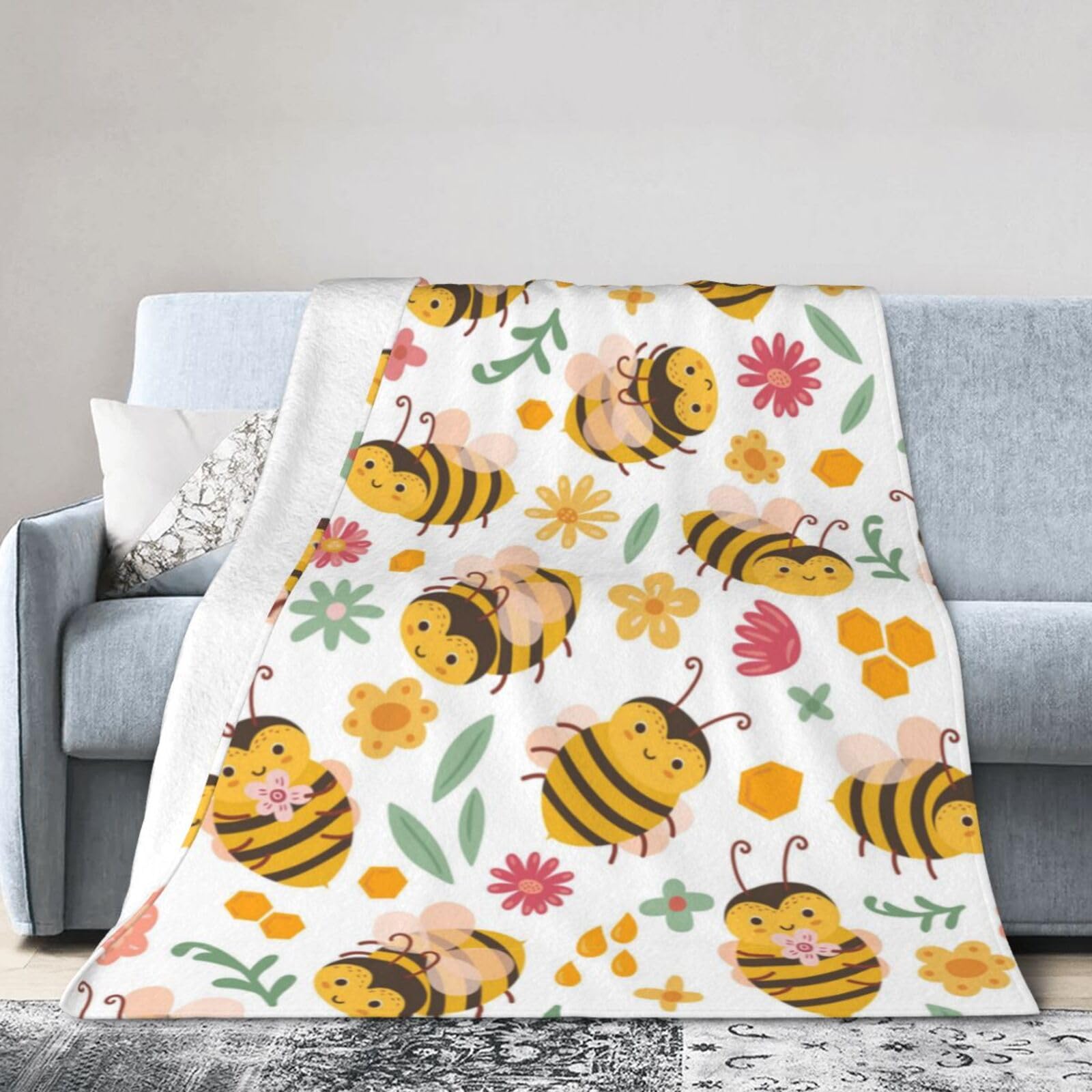 Noble Ren Cartoon Bee Flower Sea Ultra-Soft Micro Fleece Blanket Winter Warm Soft Lannel Fleece Throw Blanket For Couch Sofa Bed 40"X30"