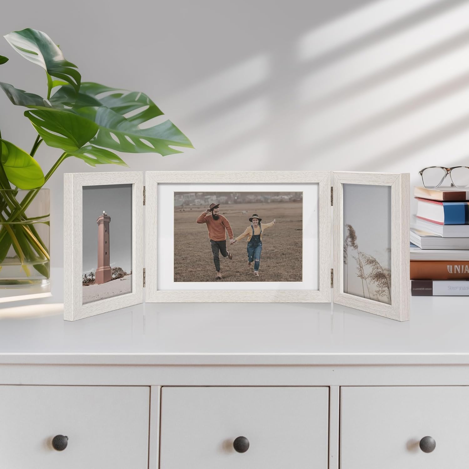 Afuly 3 Picture Frame 5x7 4x6 Triple Hinged Picture Frames White Folding Photo Frames Collage 3 Opening for Tabletop Desk Display Unique Gifts for Christmas Women Mom Couple Family, 2 * 4x6+1 * 5x7