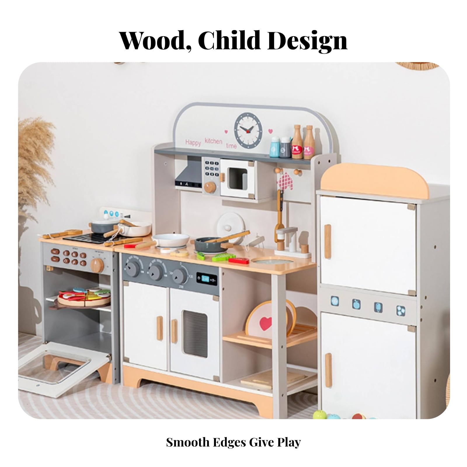 Holz-Spielküche Kompakt Freistehende Spielküche Ofenfenster Kinderküche mit Zubehör, Weißgrau