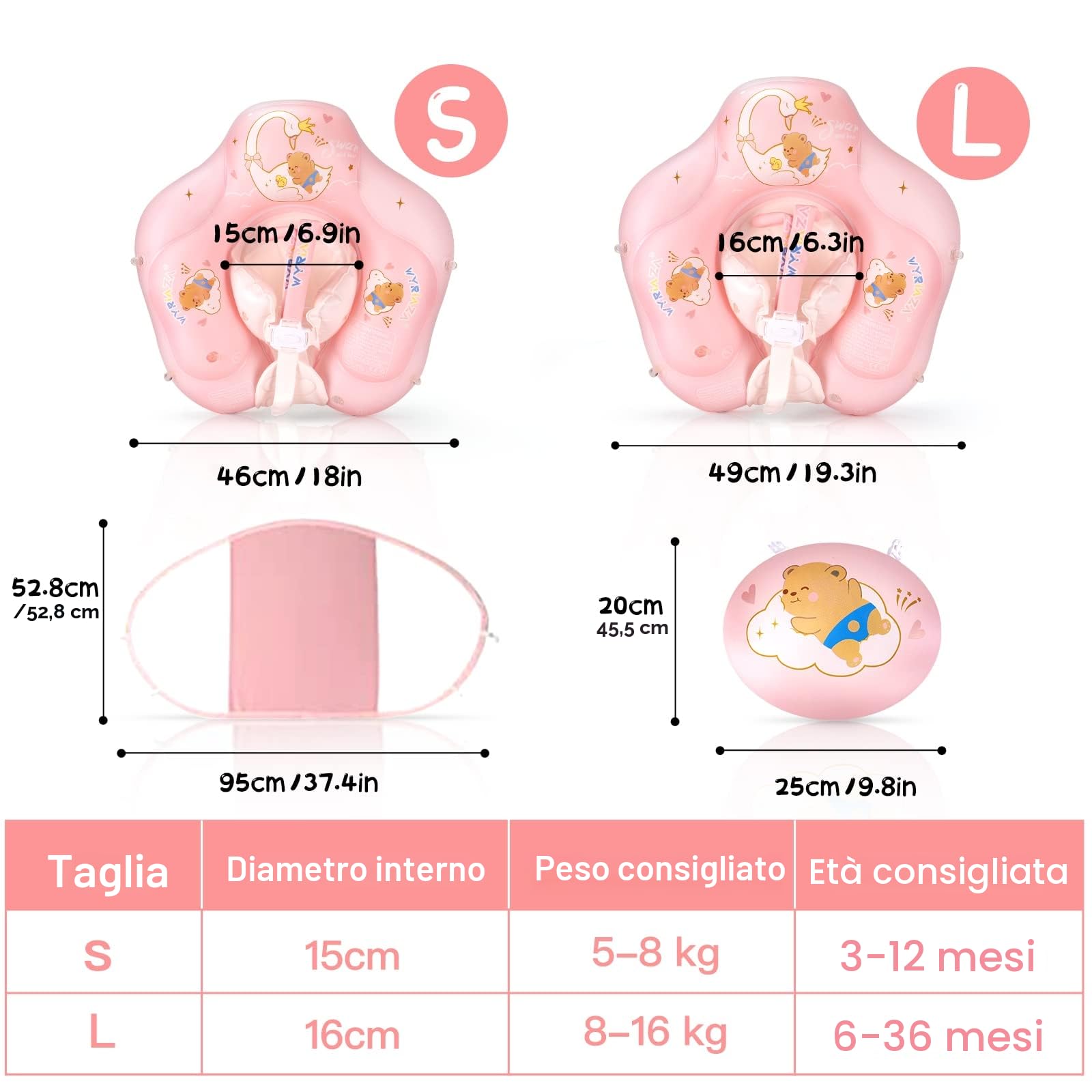 WYRIAZA Salvagente Neonato, Ciambella Neonato Mare | Salvagente Neonato con Parasole SPF 50+ | Salvagente Neonato 5-16Kgs Aggiornato con Sfera di Equilibrio per Evitare Il Ribaltamento