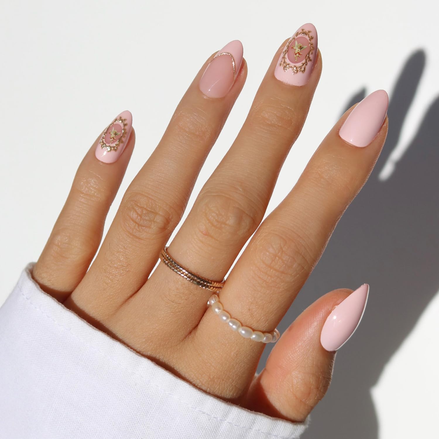 Glamnetic Press On Nails - All Time Love | Glossy, Semi-Transparent, Short Almond French Tip Nails with Leaf Accents, Salon Quality | 15 Sizes - 30 Nail Kit with Glue — view 12