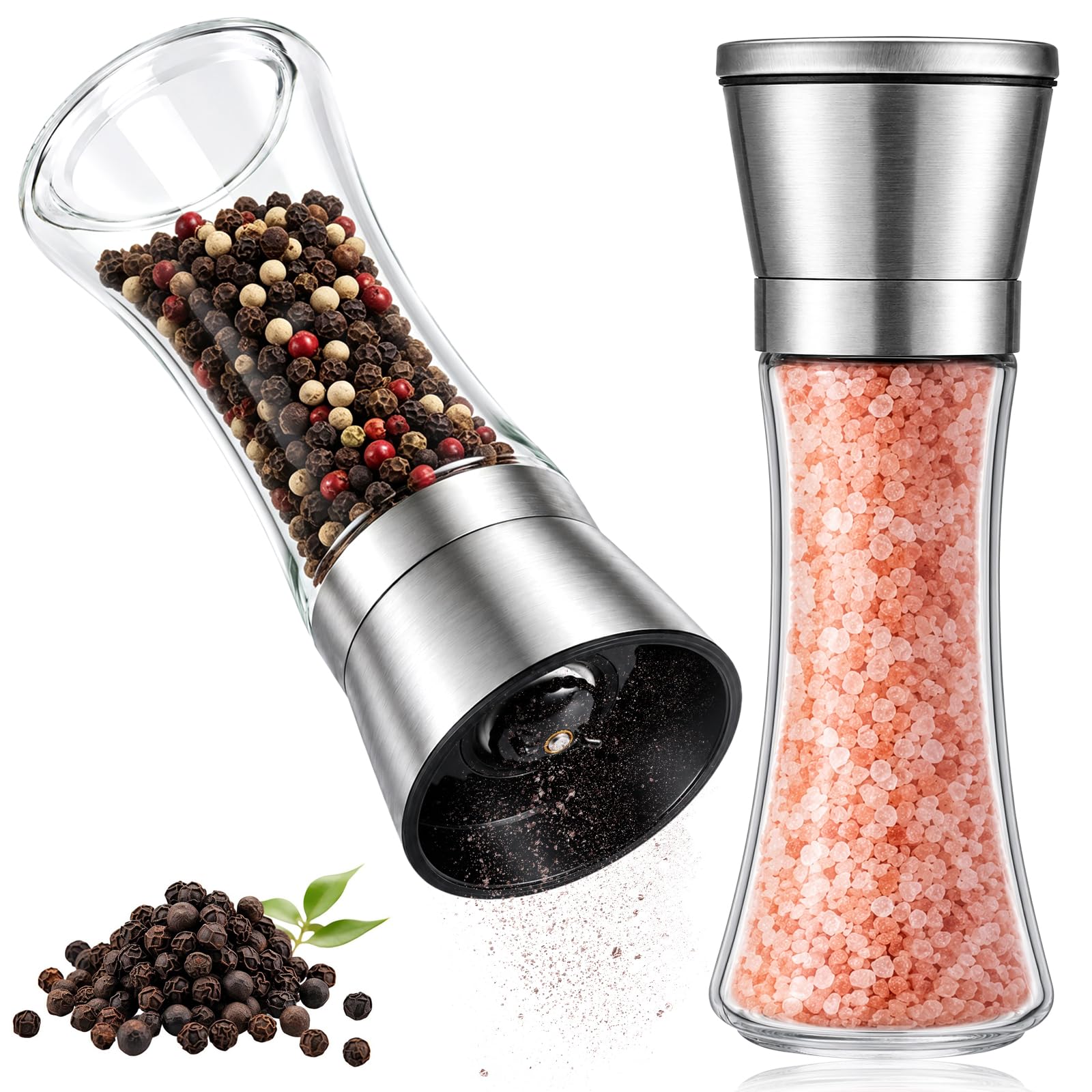 Salt and Pepper Grinder Set, Adjustable Coarseness Coarse & Fine Salt Shakers, Tall Glass Salts and Pepper Shakers Stainless Steel Peppers Grinder Kitchen Set(Without Spice Content)