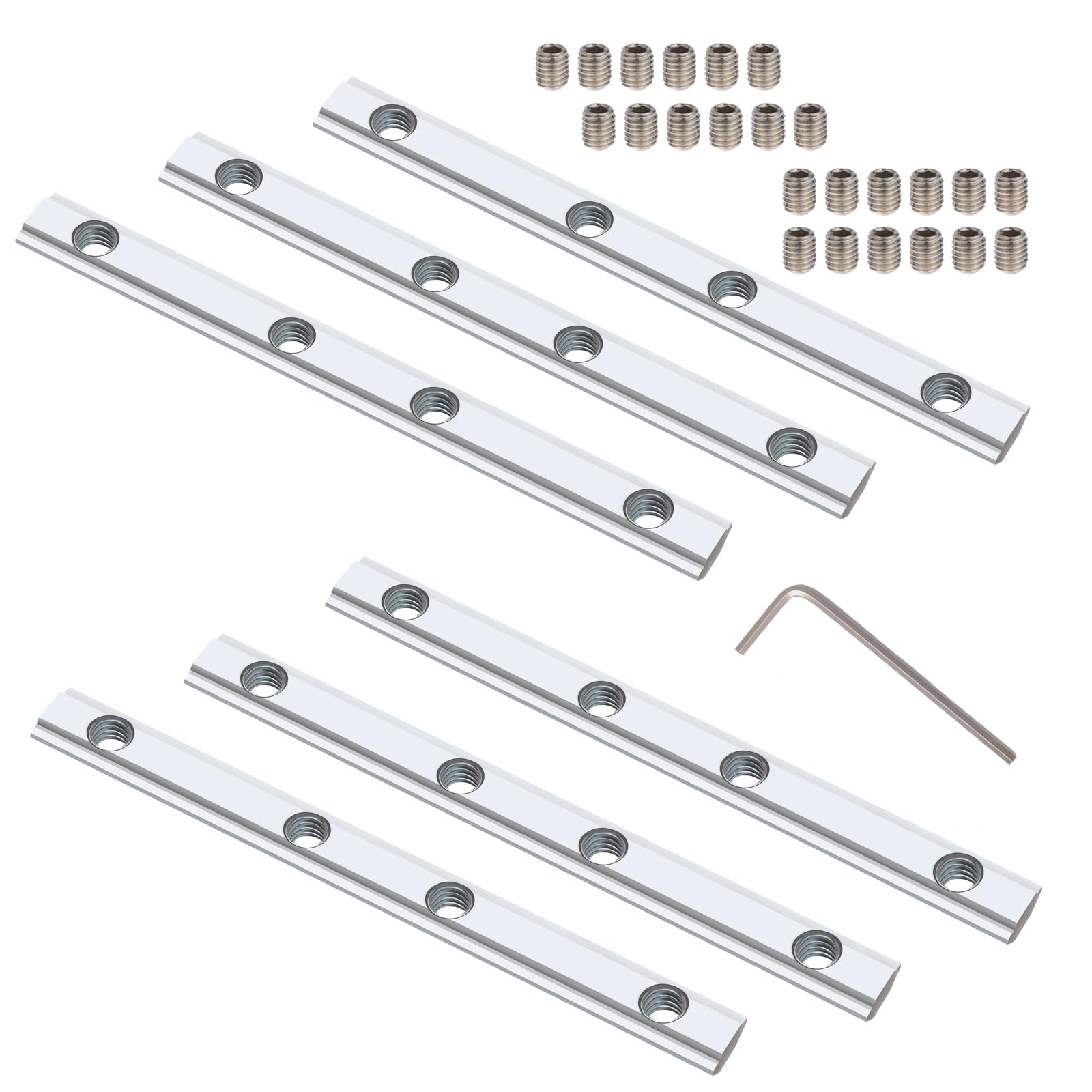 Pack of 6 Track Connectors, Aluminium Profile Connectors, Straight Inner Line, 10 cm Length, with M5 Screws, for 20 x 20 Series, 6 mm Groove (Silver, 6PACK-2020)