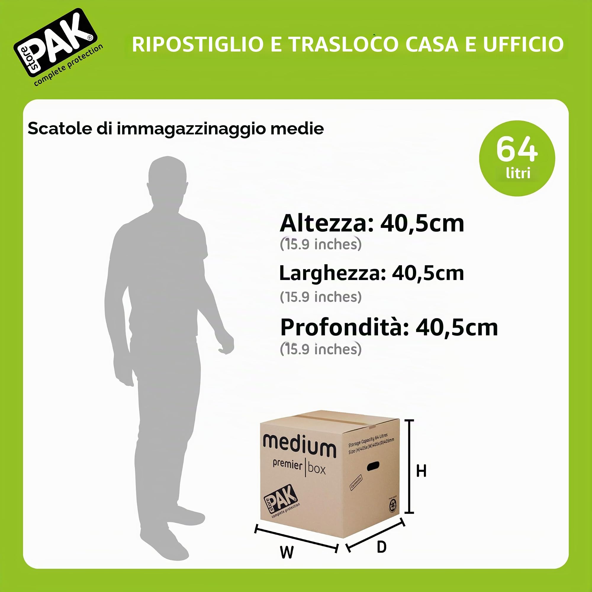 StorePAK Scatole di cartone resistenti e medie, con maniglie, 64 litri, 40,5 x 40,5 x 40,5 x 40,5 cm, confezione da 10 pezzi, colore: Marrone