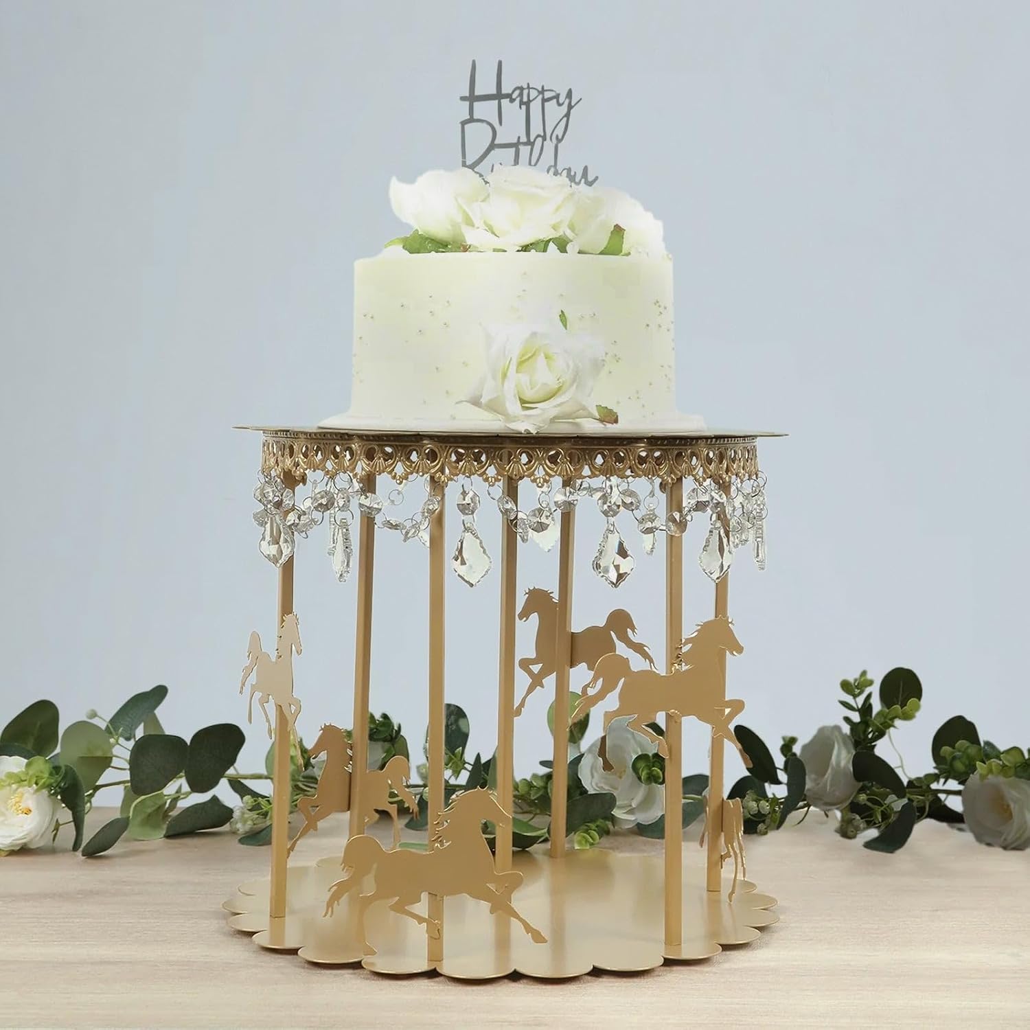 14 in Metal Round Pedestal Cake Stand Gold Carousel Design with Horses and Beads Wedding Birthday Events Reception Party Home Decorations Supplies