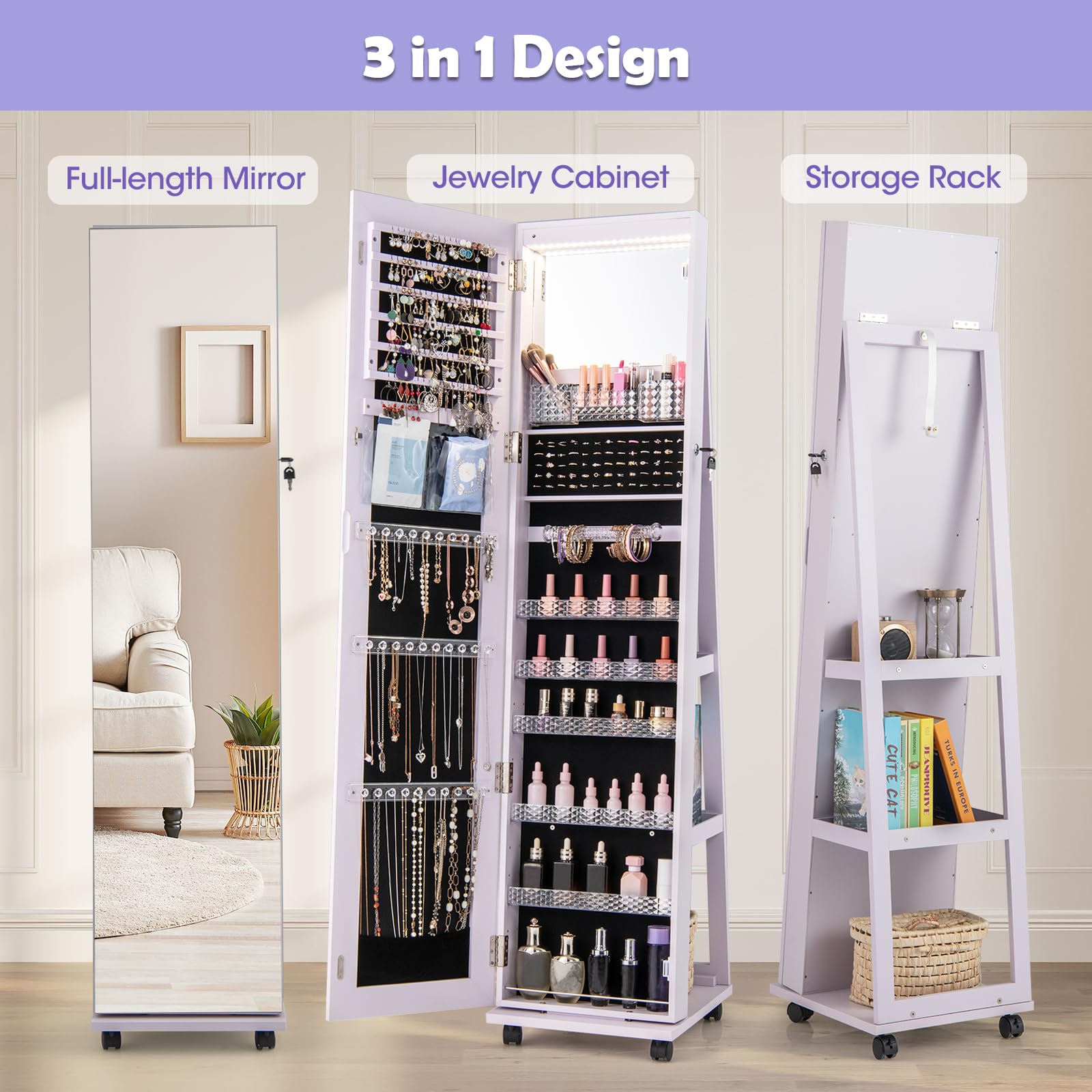 Armoire à Bijoux Avec Miroir Sur Pied Et LEDs | Organisateur Maquillage 5 Étages Réglables | Rangement Bagues, Colliers, Boucles | Blanc | Avec Roulettes