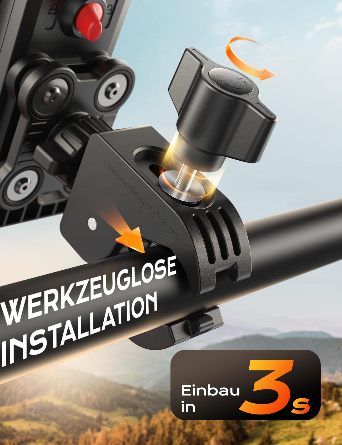 Universal Motorrad Handyhalter【Doppelt Vibrationsgedämpft】 Handyhalterung Fahrrad, 360° Drehbar Lenker für iPhone 17 16 15 Pro/Samsung S24 Ultra (4,7-7,2'' Smartphone)