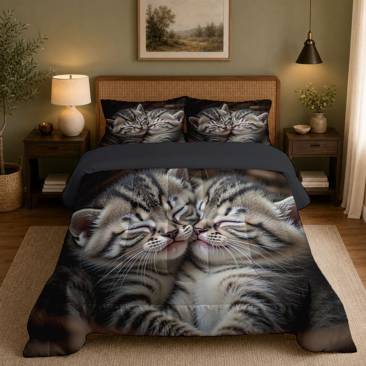 Cute Pets Comforter Set King Size, Realistic Cat Bedding Set for Girls Boys, Grey Quilt Bed 104"X90" Bedding Comforter Sets with 2 Pillowcase Room Decor