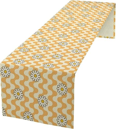 Camino de mesa floral de margaritas, flores amarillas retro de los años 70, ondas abstractas, estilo hippie, moderno, camino de mesa para cocina,