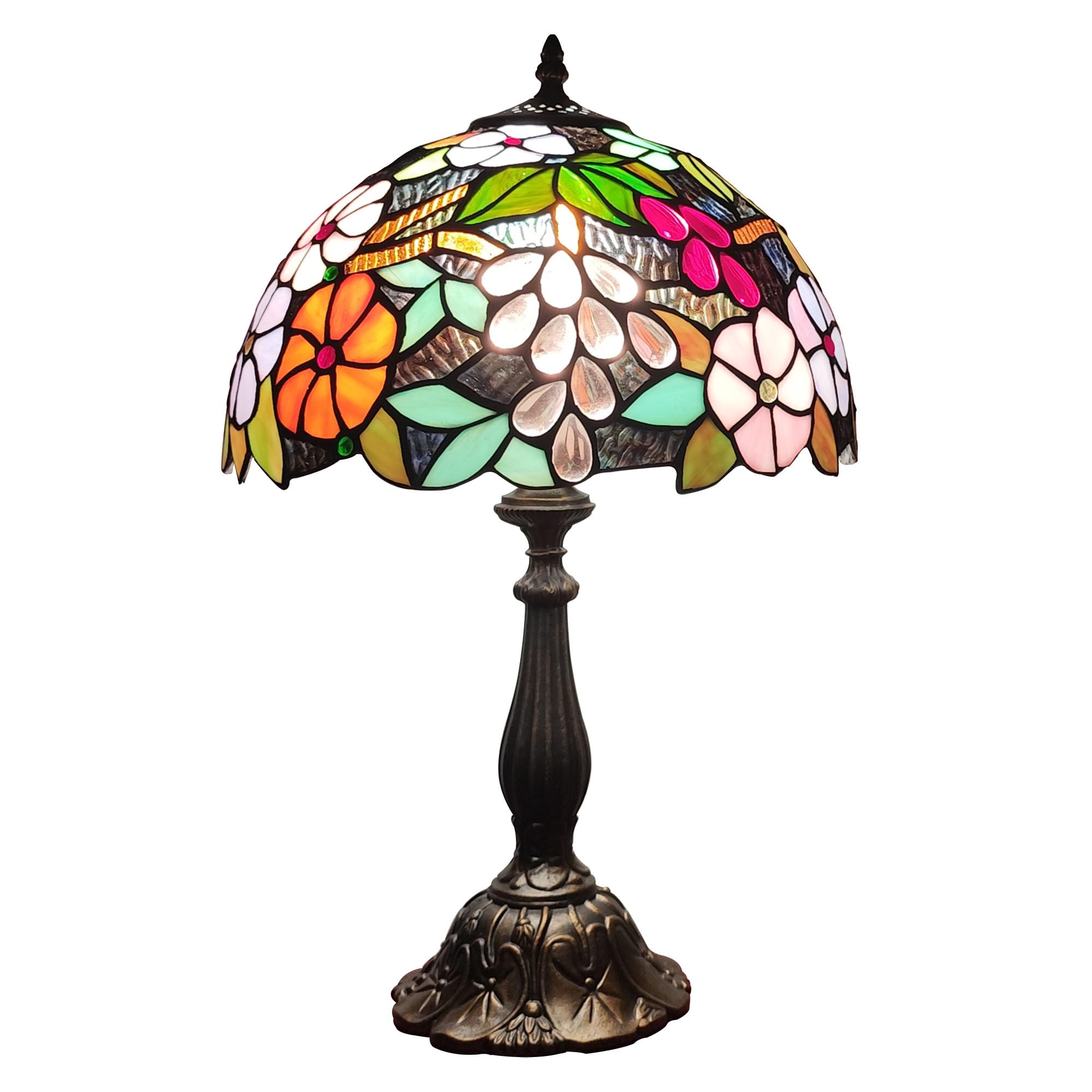Tiffany 3-Color Stained Glass Lamp - Vintage Beside Reading Lamp 12 inch Living Room Light Flowers Style Antique