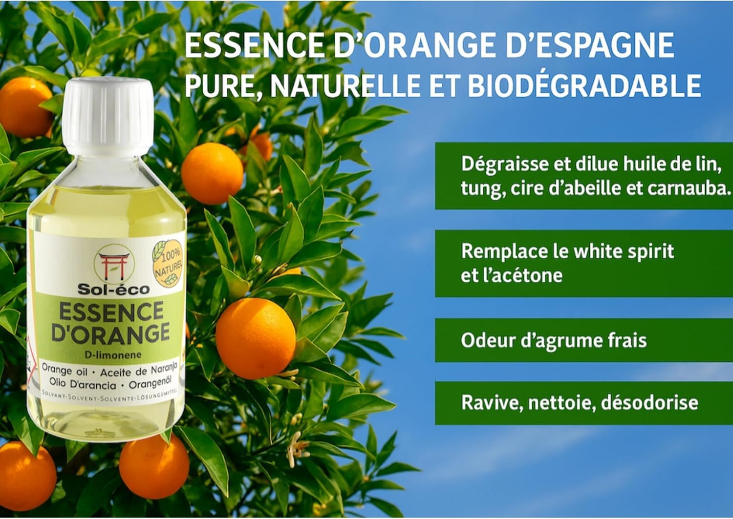 (Sol-éco) Essence d’orange pure | D-Limonène | Origine Espagne | 500ml
