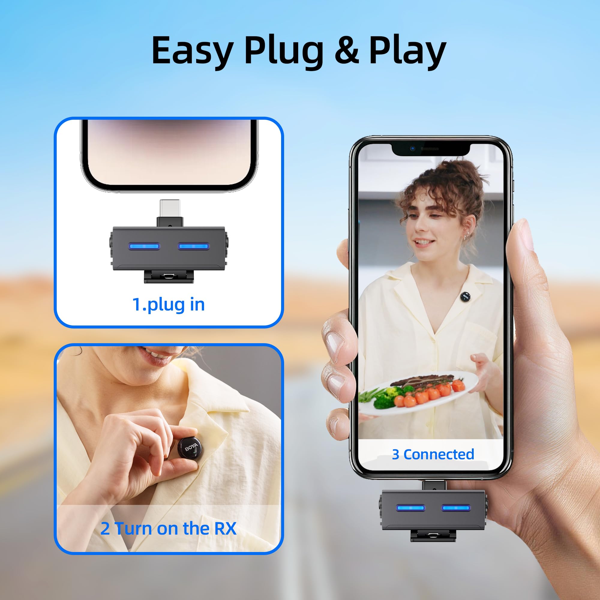 BOYA BOYALINK Lot de 3 mini microphones pour appareil photo/iPhone/Android, Lavalier sans fil avec IA, 30 heures d'autonomie, 300 m de portée pour Vlog, TikTok