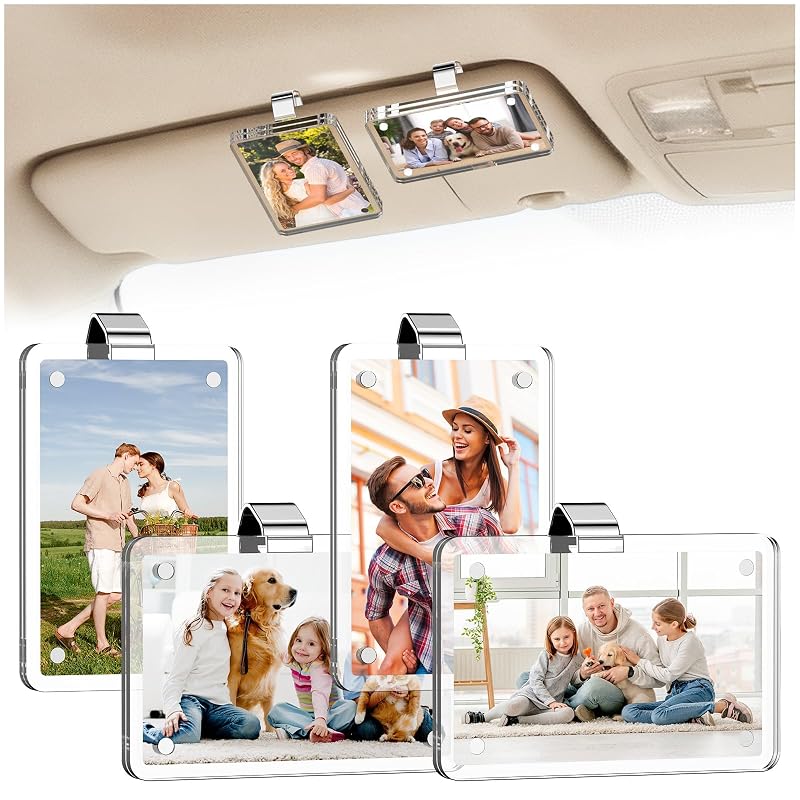 Porta-fotos magnético para carro com presilha de para-sol em acrílico transparente LiftRemote, 4 unidades